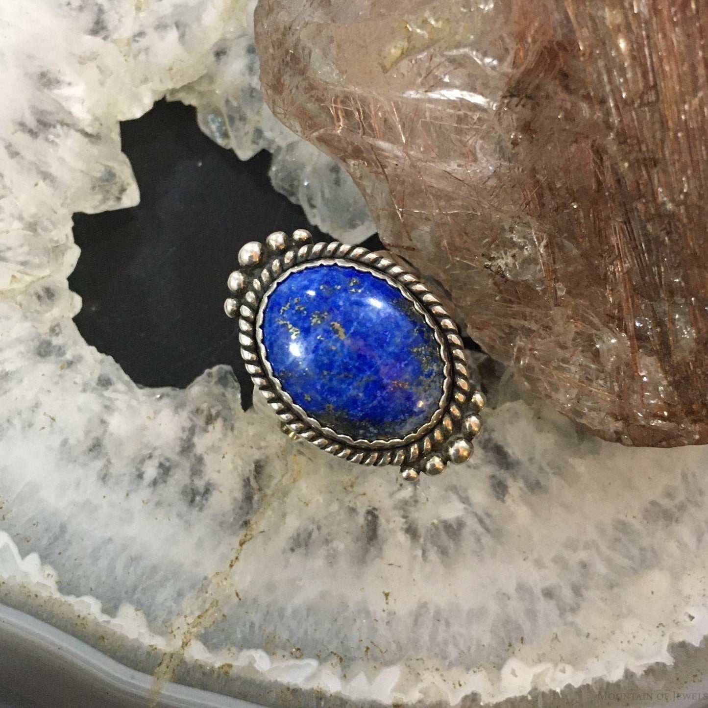 Carolyn Pollack Southwestern Style Sterling Silver Oval Denim Lapis Decorated Ring For Women