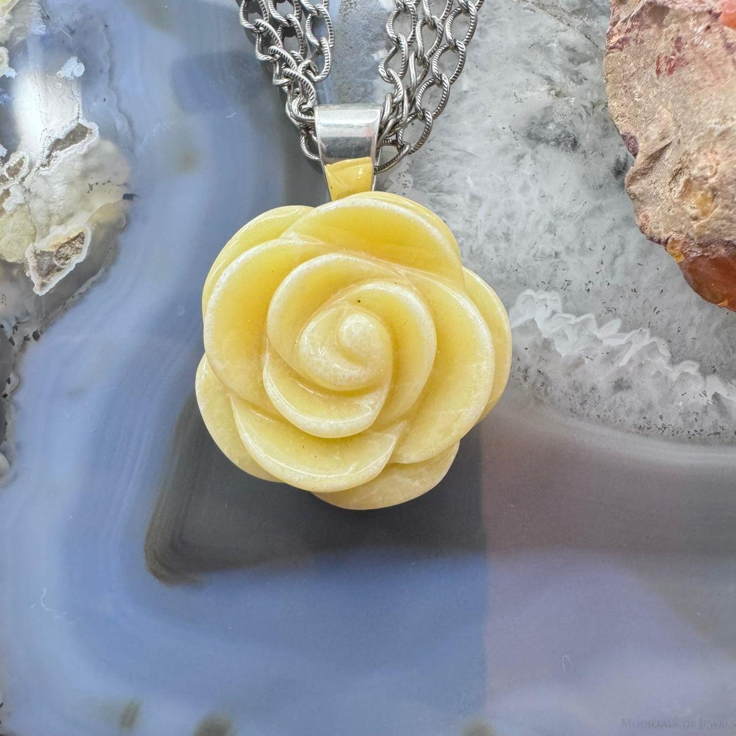 Carolyn Pollack Sterling Silver Carved Yellow Jasper Rose Pendant With Chain Necklace For Women
