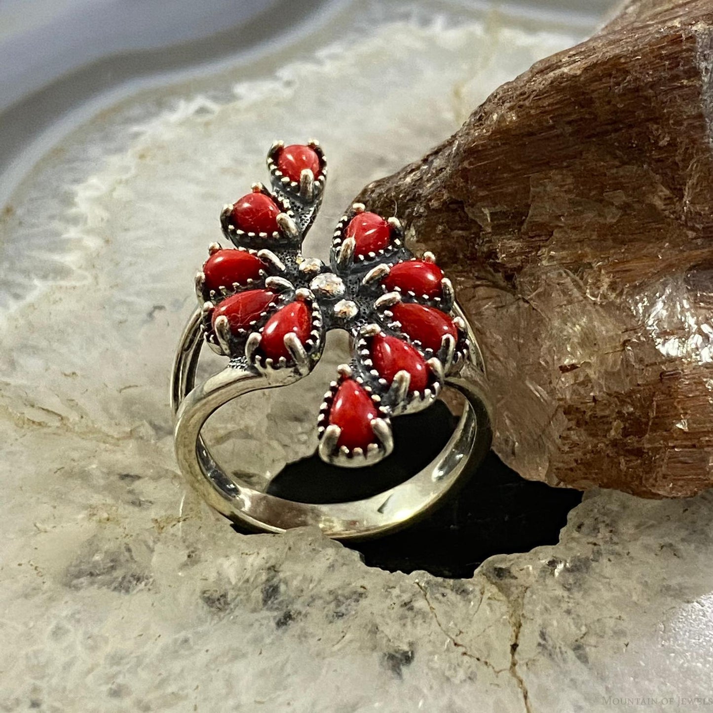Carolyn Pollack Sterling Silver Red Jasper Cluster Decorated Ring For Women, Variety of Sizes