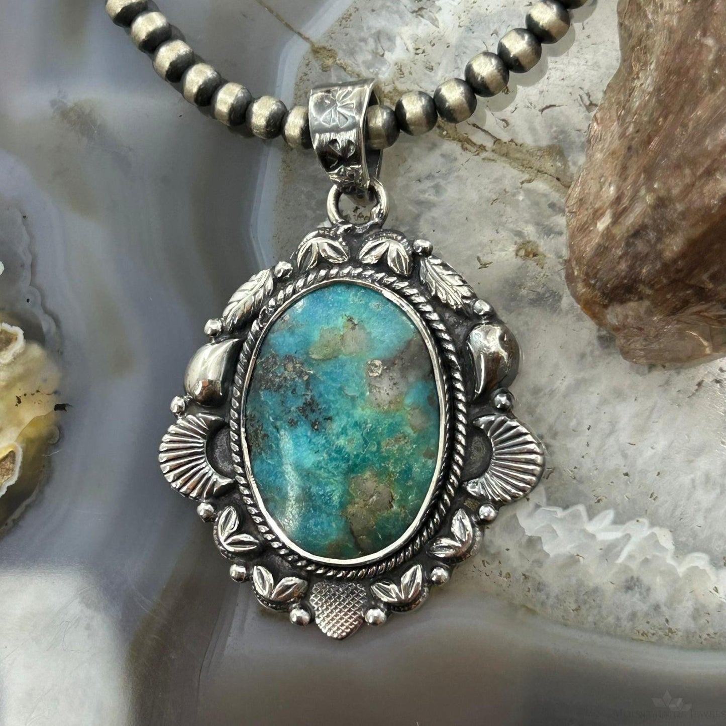 Sterling Silver Southwestern Style Oval Turquoise Decorated Pendant For Women #7
