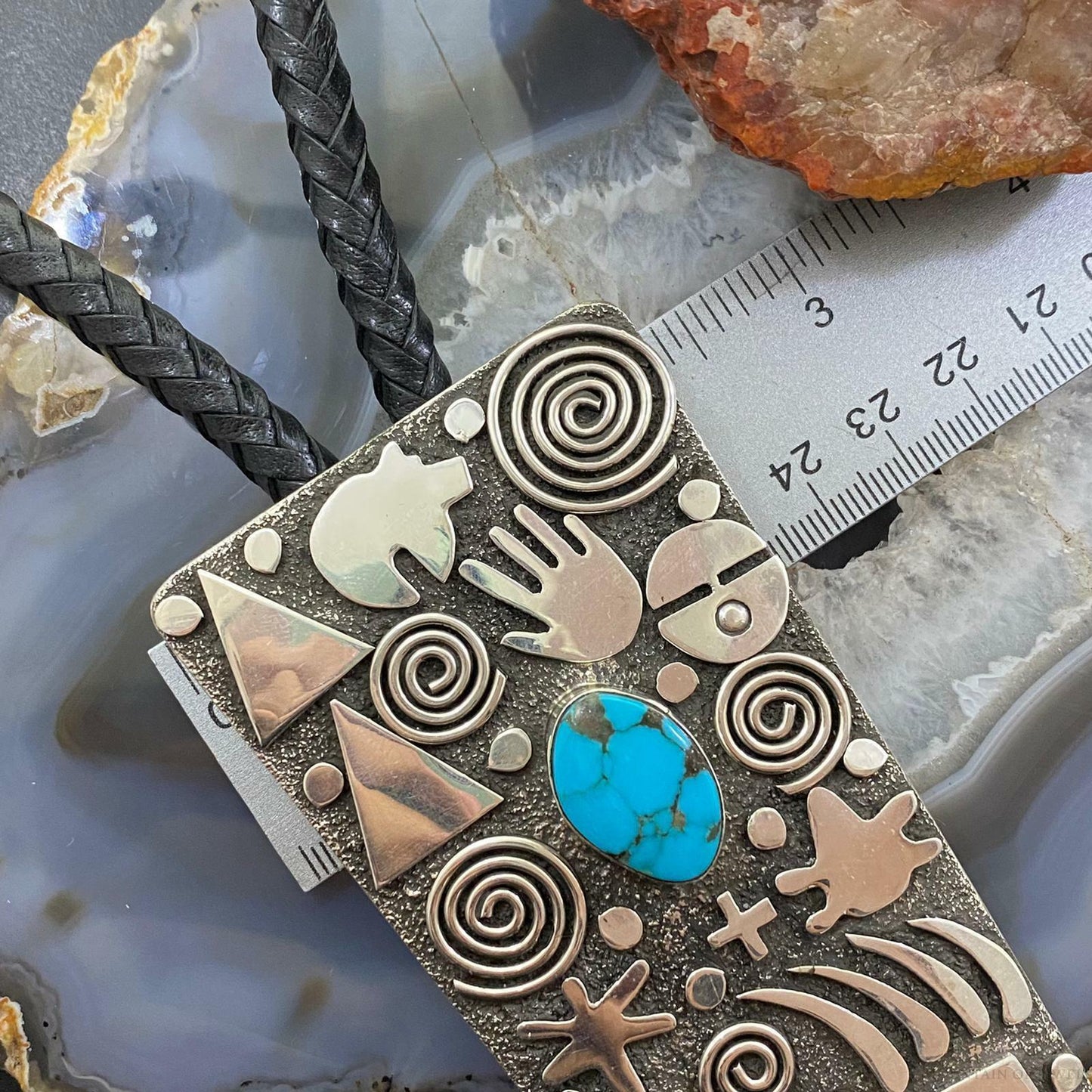 Alex Sanchez Sterling Silver Turquoise & Petroglyph Trapeze Bolo Tie For Men