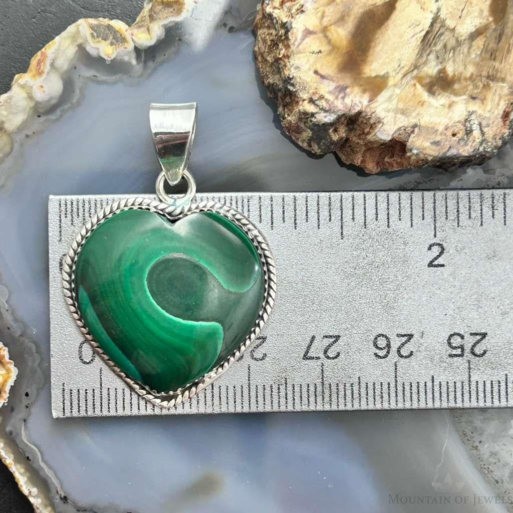 Sterling Silver Southwestern Style Malachite Heart Decorated Pendant For Women