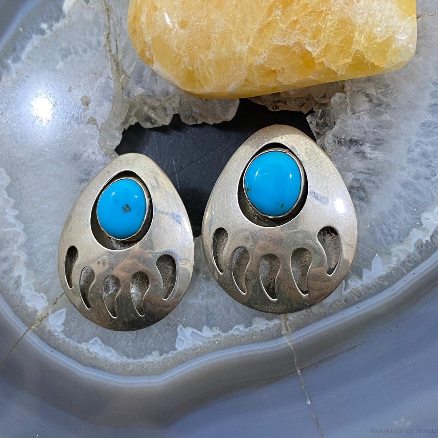 Vintage Native American Sterling Turquoise Shadow Box Bear Claw Stud Earrings