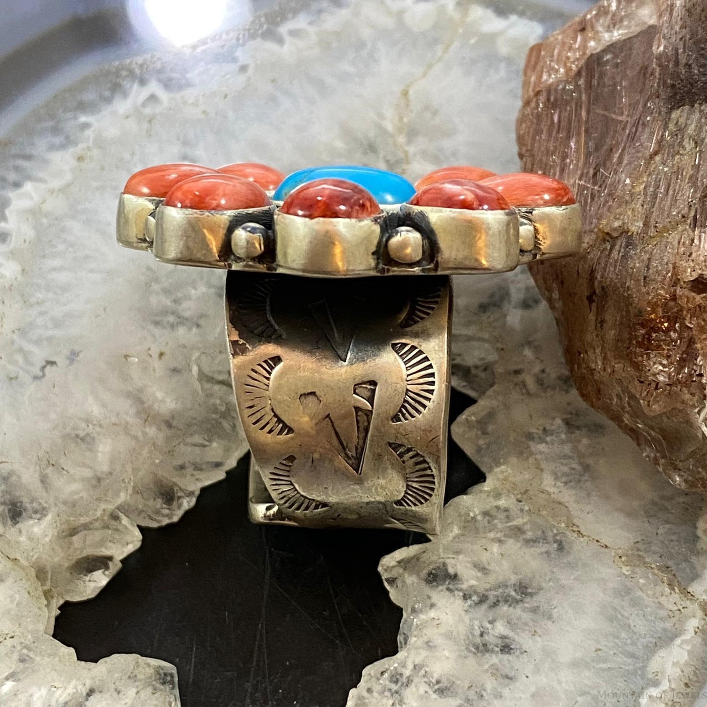 Native American Sterling Spiny Oyster & Turquoise Cluster Ring Size 8 For Women