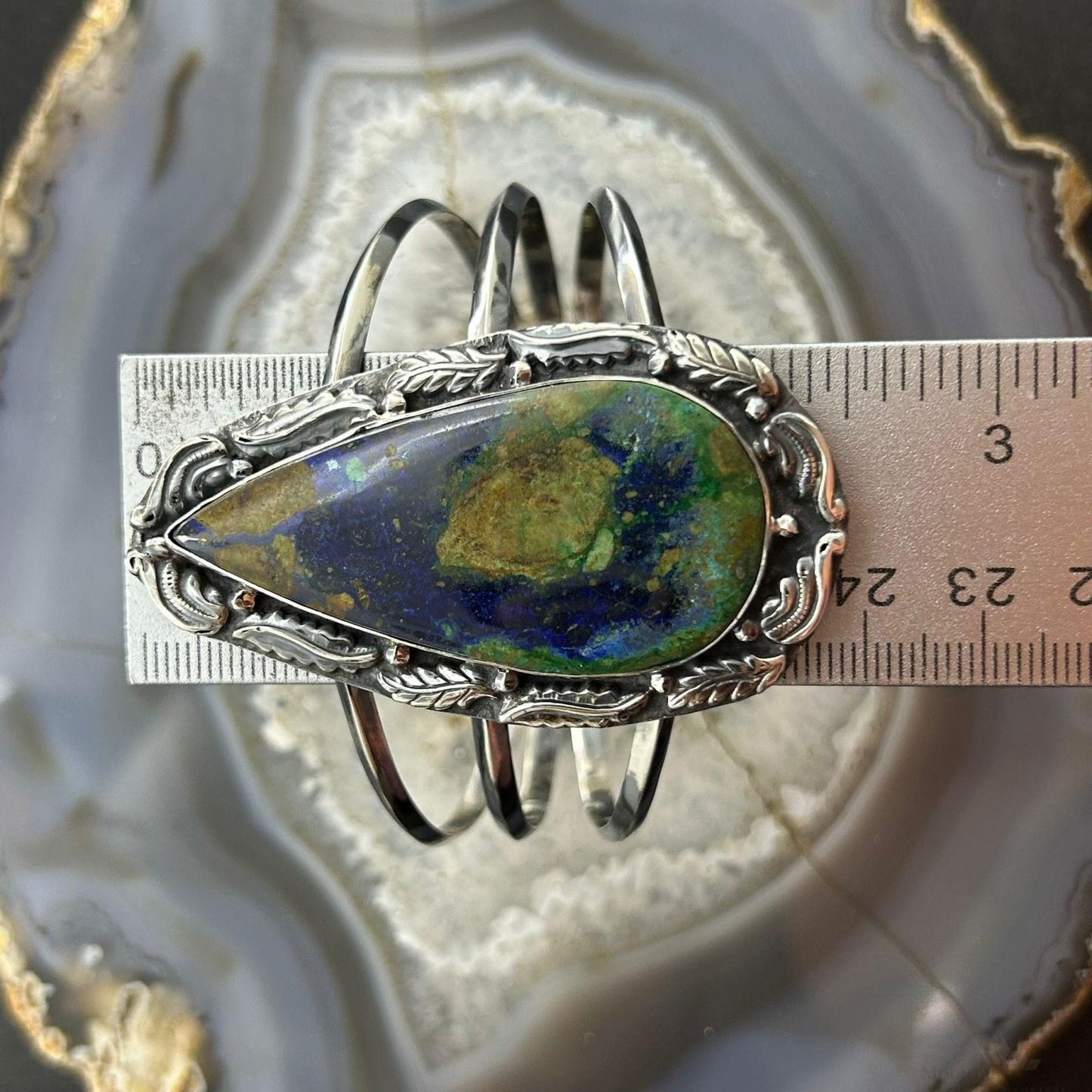Sterling Silver Southwestern Style Large Teardrop Azurite Malachite Bracelet For Women