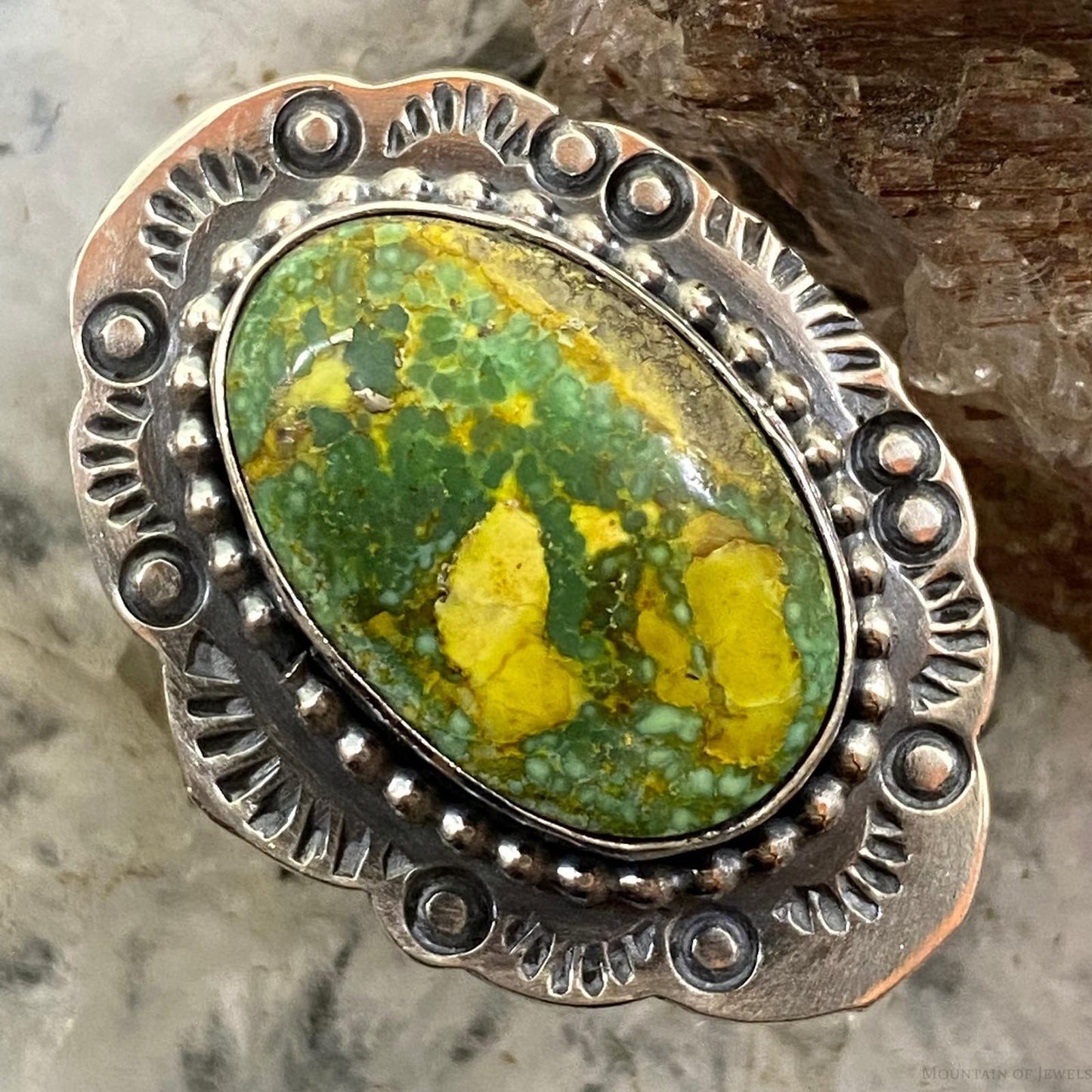 Tim Vanderver Sterling Ornate Oval Sonora Gold Turquoise Ring Size 7.5 For Women