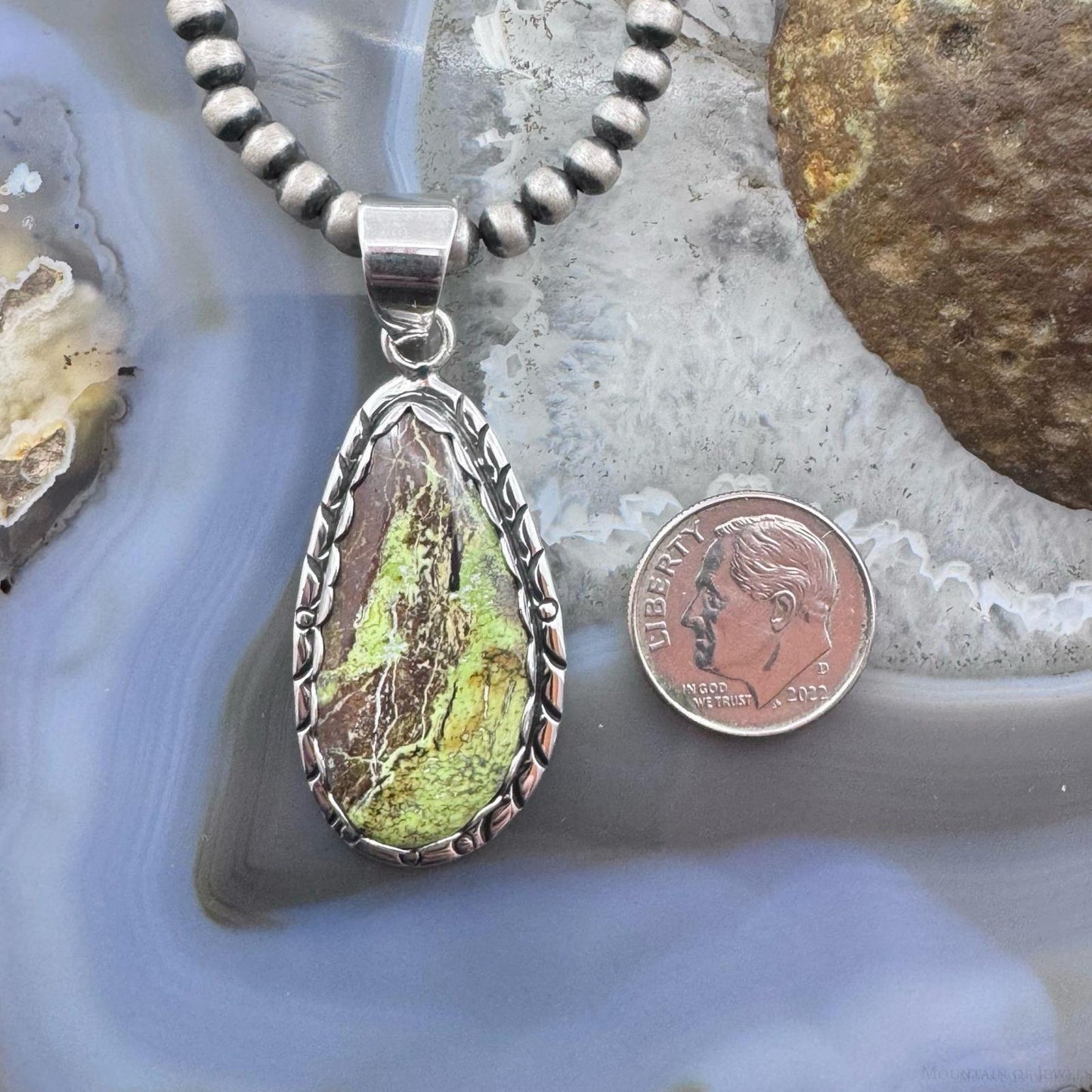 Native American Sterling Silver Teardrop Gaspeite Decorated Pendant For Women