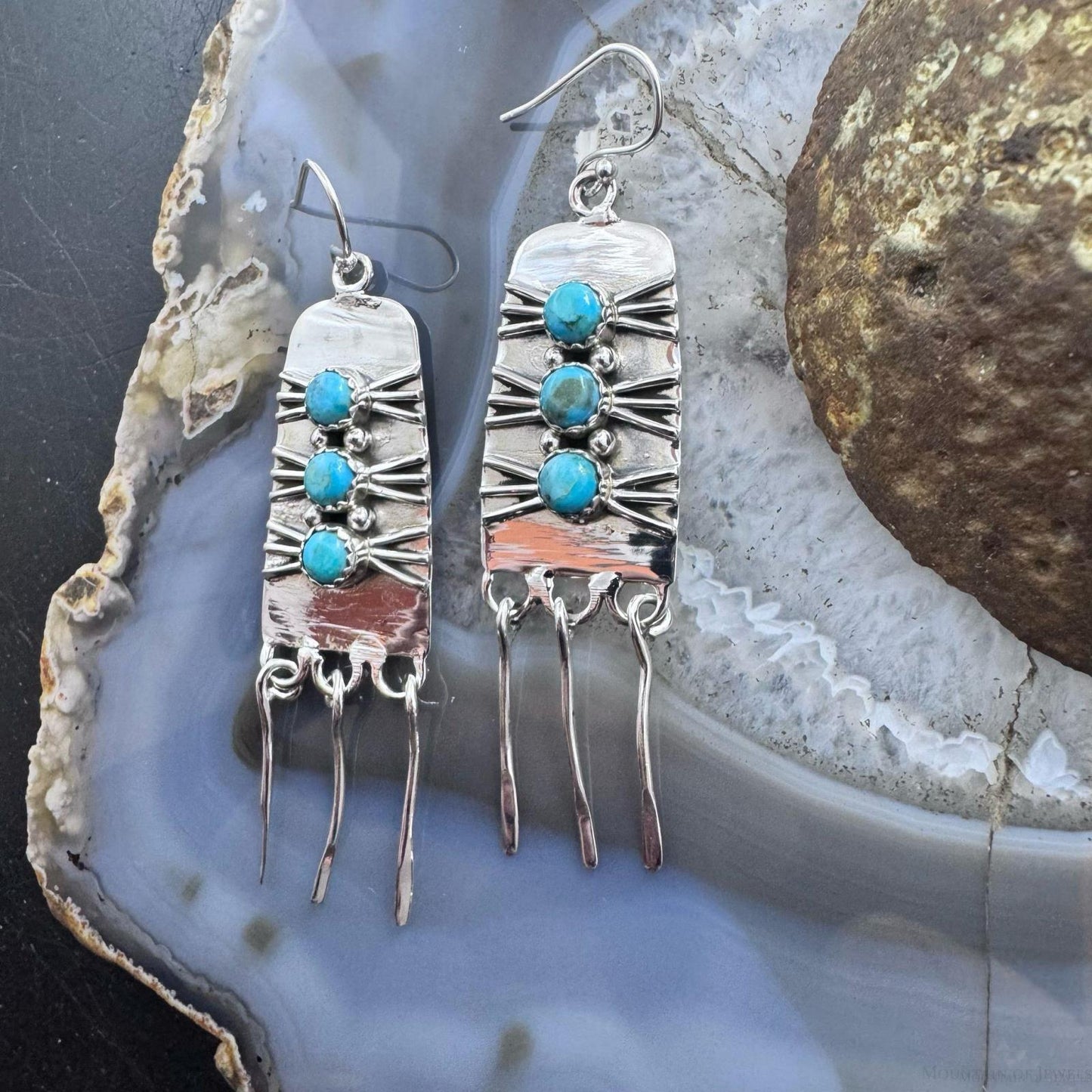Sterling Silver Southwestern Style 3 Rounded Turquoise Tassel Dangle Earrings For Women