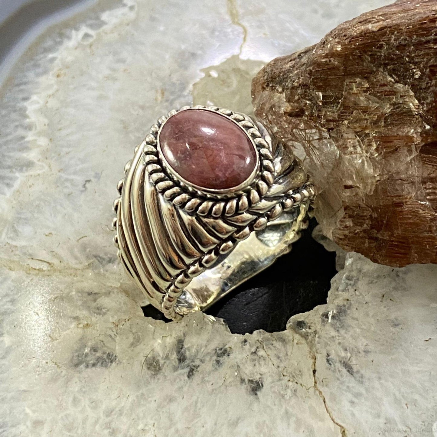 Carolyn Pollack Southwestern Style Sterling Silver Oval Rhodonite Decorated Unisex Ring Sizes 8 &12 For Women