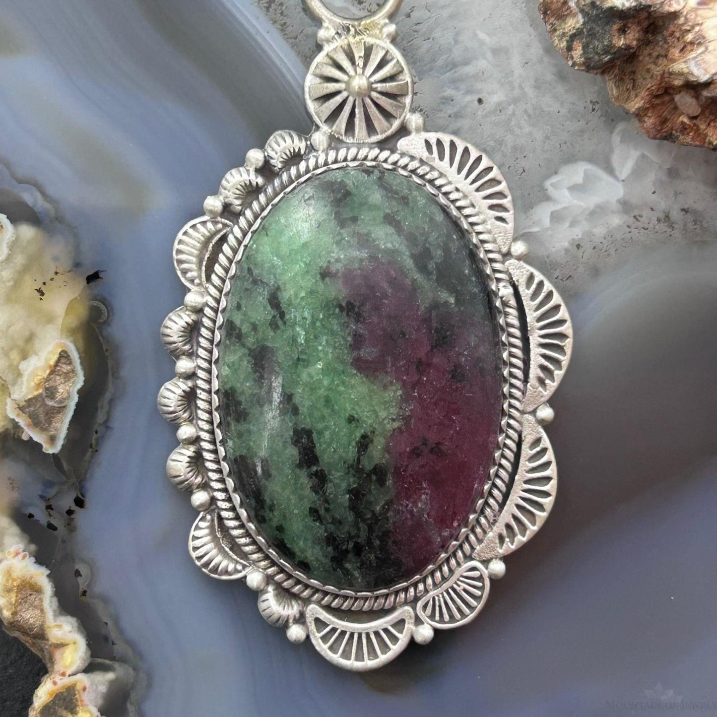 Sterling Silver Southwestern Style Oval Ruby Zoisite Decorated Pendant For Women