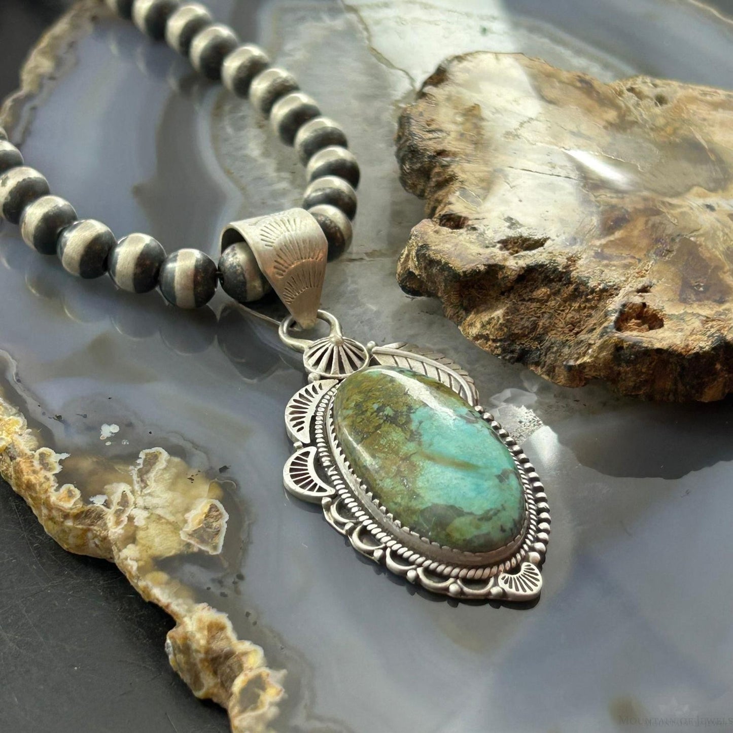 Sterling Silver Southwestern Style Oval Turquoise Decorated Pendant For Woman