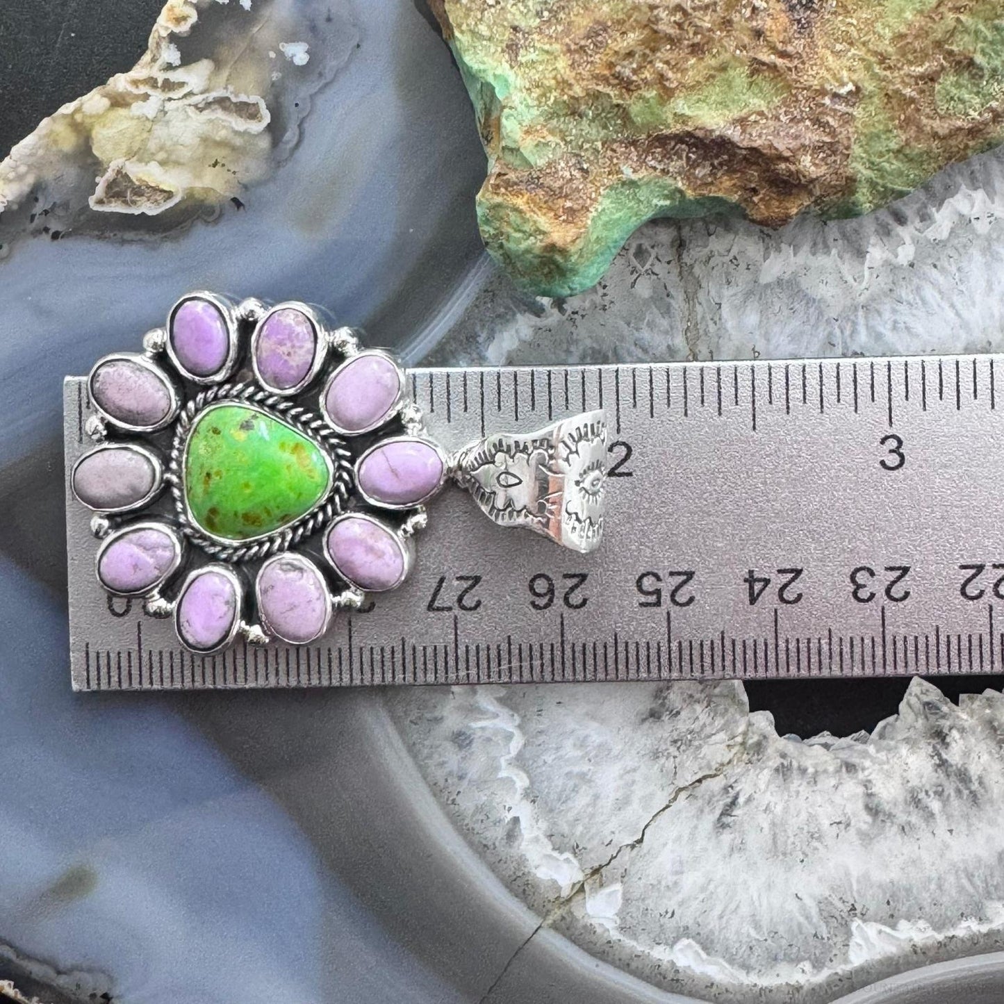 Native American Sterling Silver Green Turquoise w/Phosphosiderite Cluster Pendant For Women