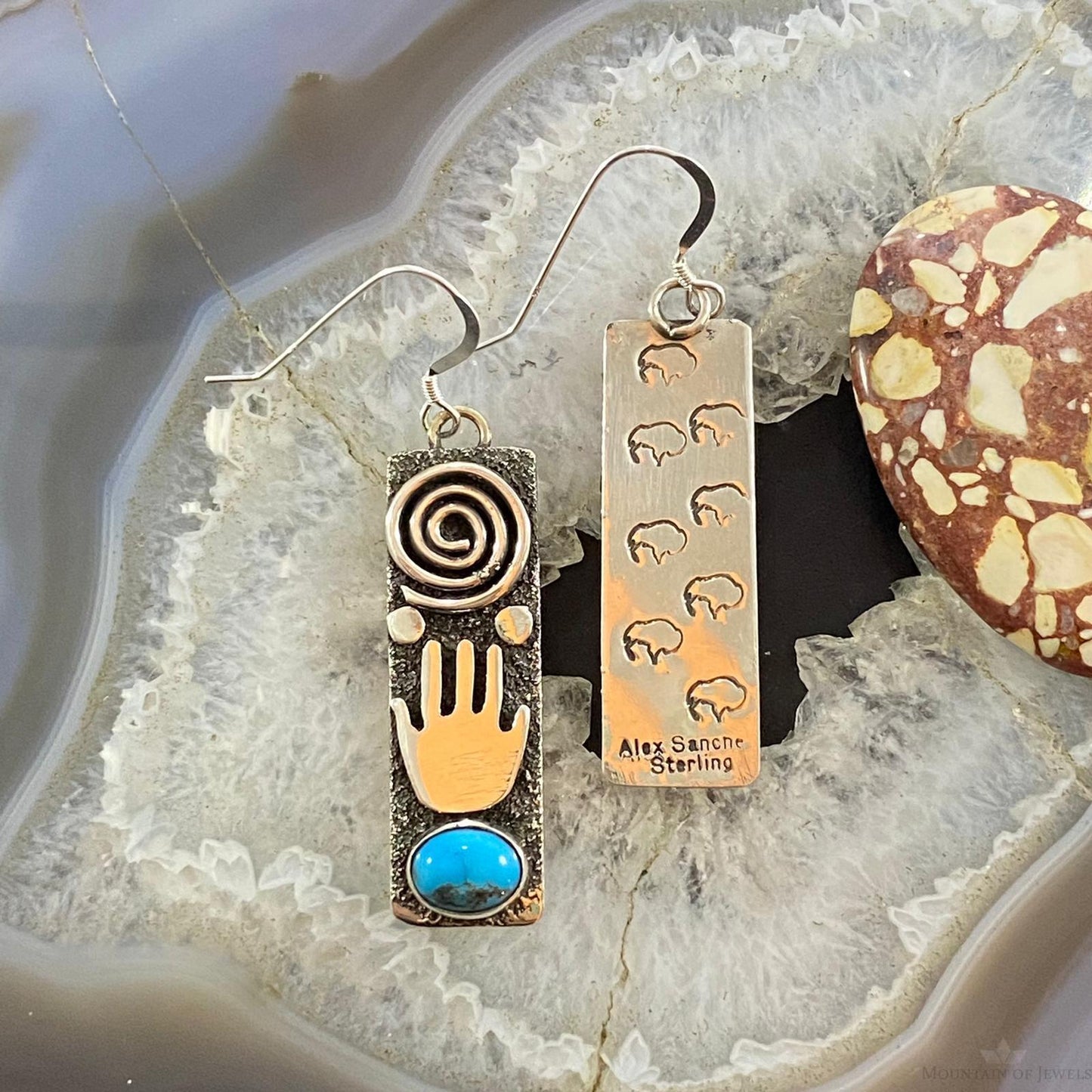 Alex Sanchez Native American Sterling Turquoise Petroglyph Dangle Earrings #3