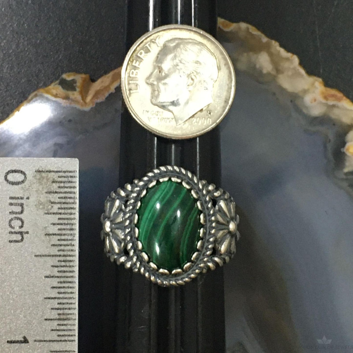 Carolyn Pollack Vintage Southwestern Style Sterling Silver Oval Malachite Decorated Ring For Women