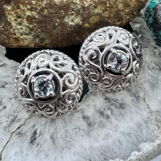 Carolyn Pollack Sterling Silver Faceted Round Aquamarine Omega Back Stud Earrings For Women