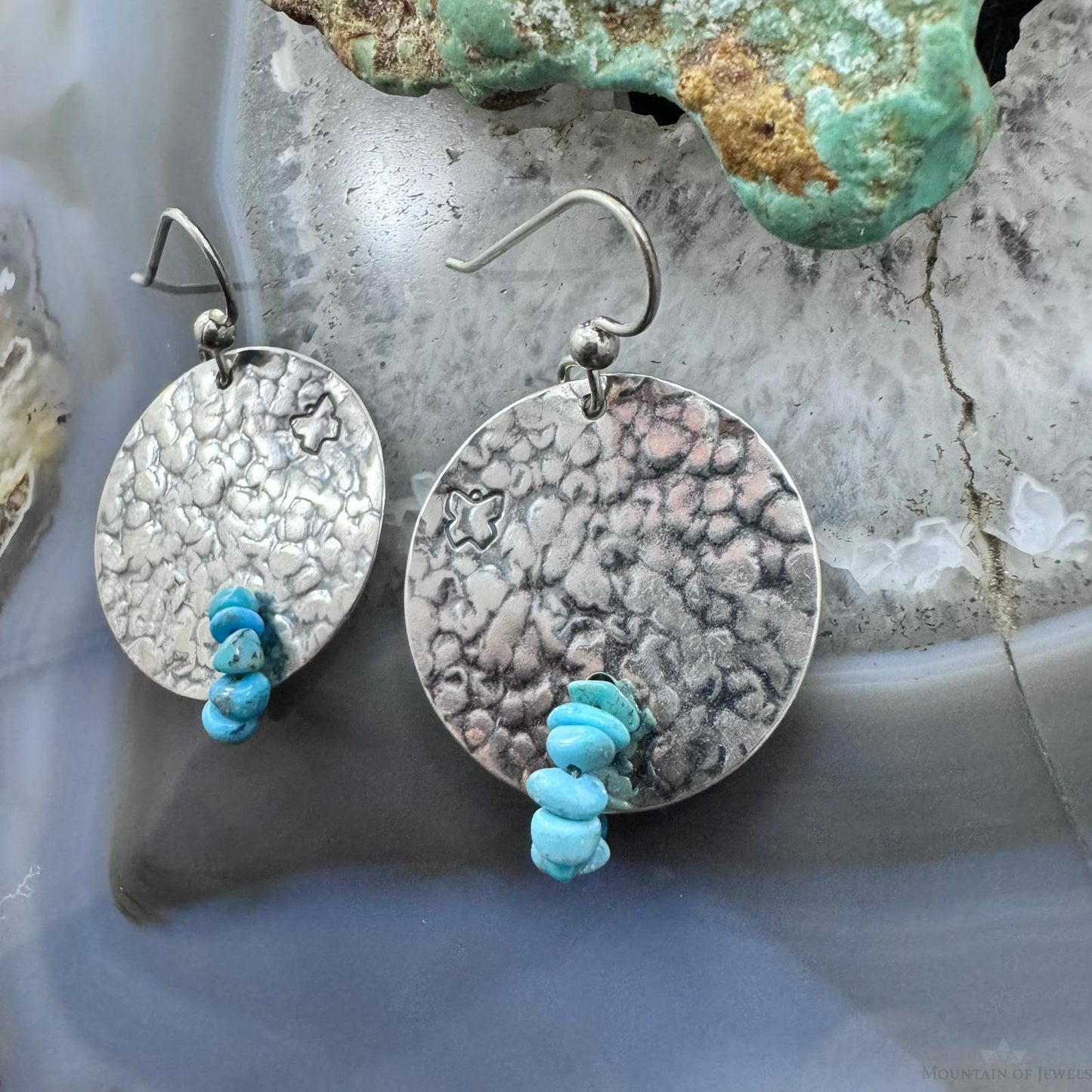 Carolyn Pollack Sterling Silver Hammered Disk With Turquoise Beads Dangle Earrings For Women