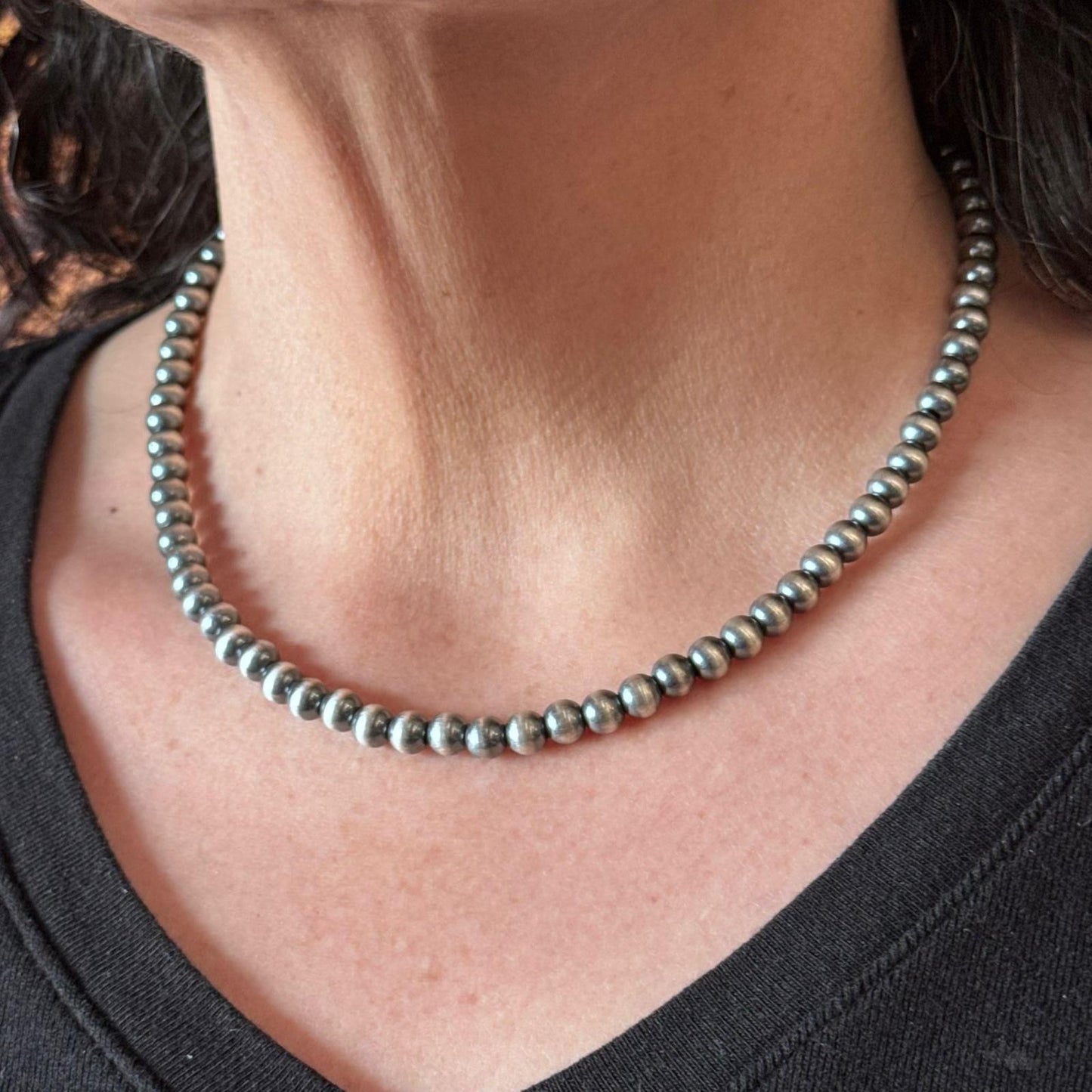Sterling Silver Southwestern Style 6 mm Navajo Pearl Beads 20"-22" Necklace For Women