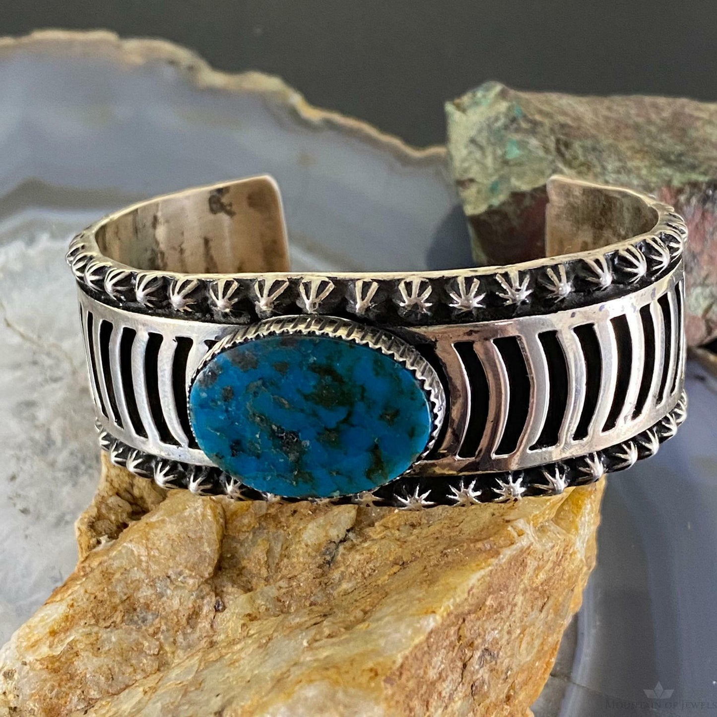 Lorenzo James Sterling Silver Overlay Stripes & Oval Turquoise Unisex Bracelet