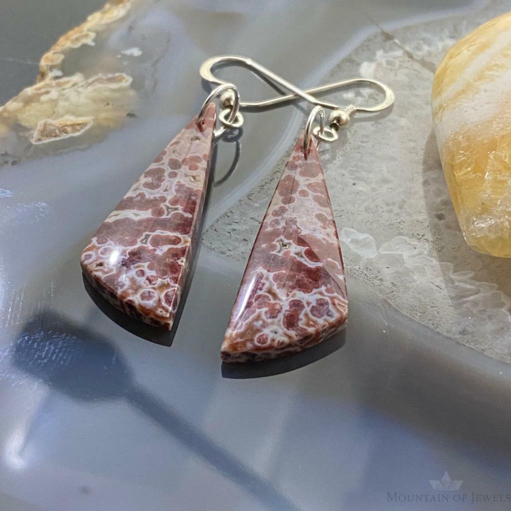 Sterling Silver Triangle Red Ocean Jasper Slab Dangle Earrings For Women