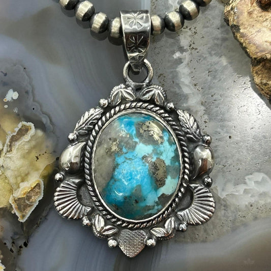 Sterling Silver Southwestern Style Oval Turquoise Decorated Pendant For Women #6