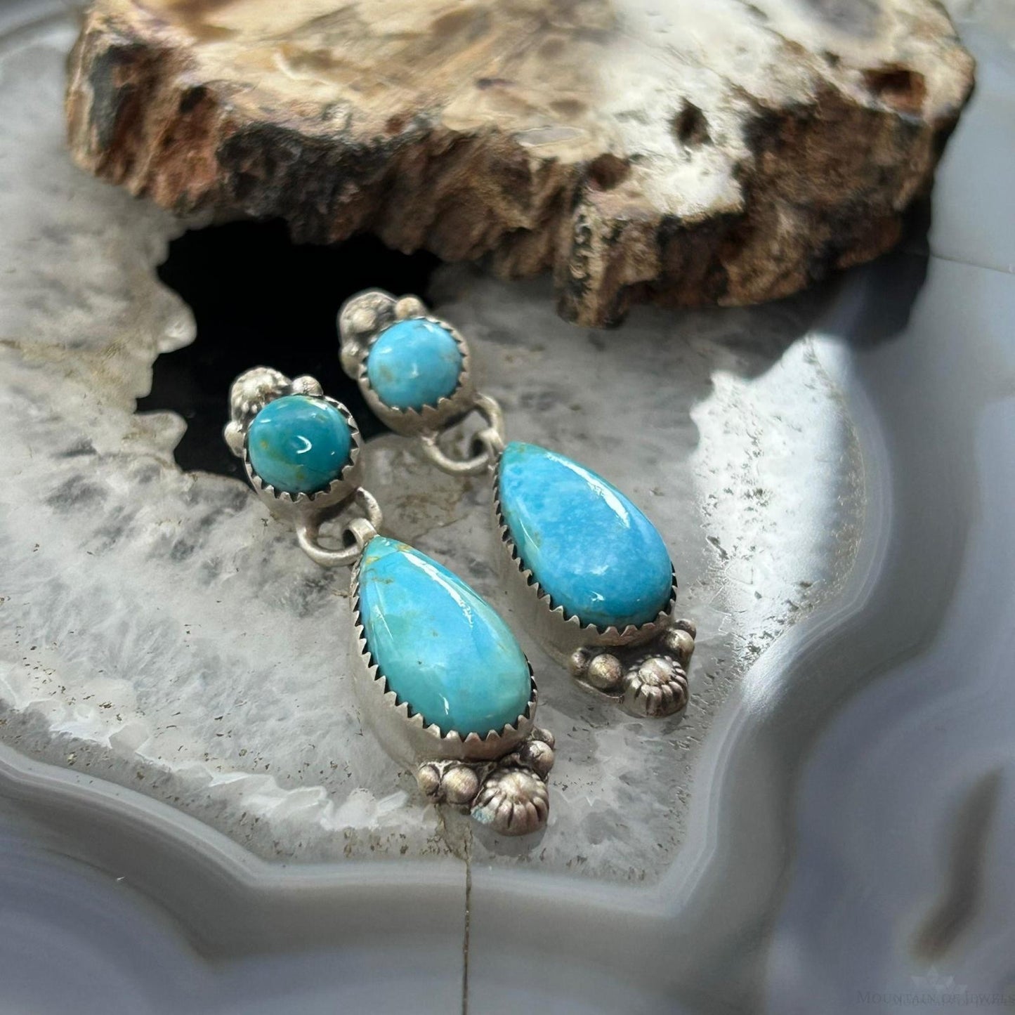 Sterling Silver Southwestern Style Teardrop & Rounded Turquoise Post Dangle Earrings For Women