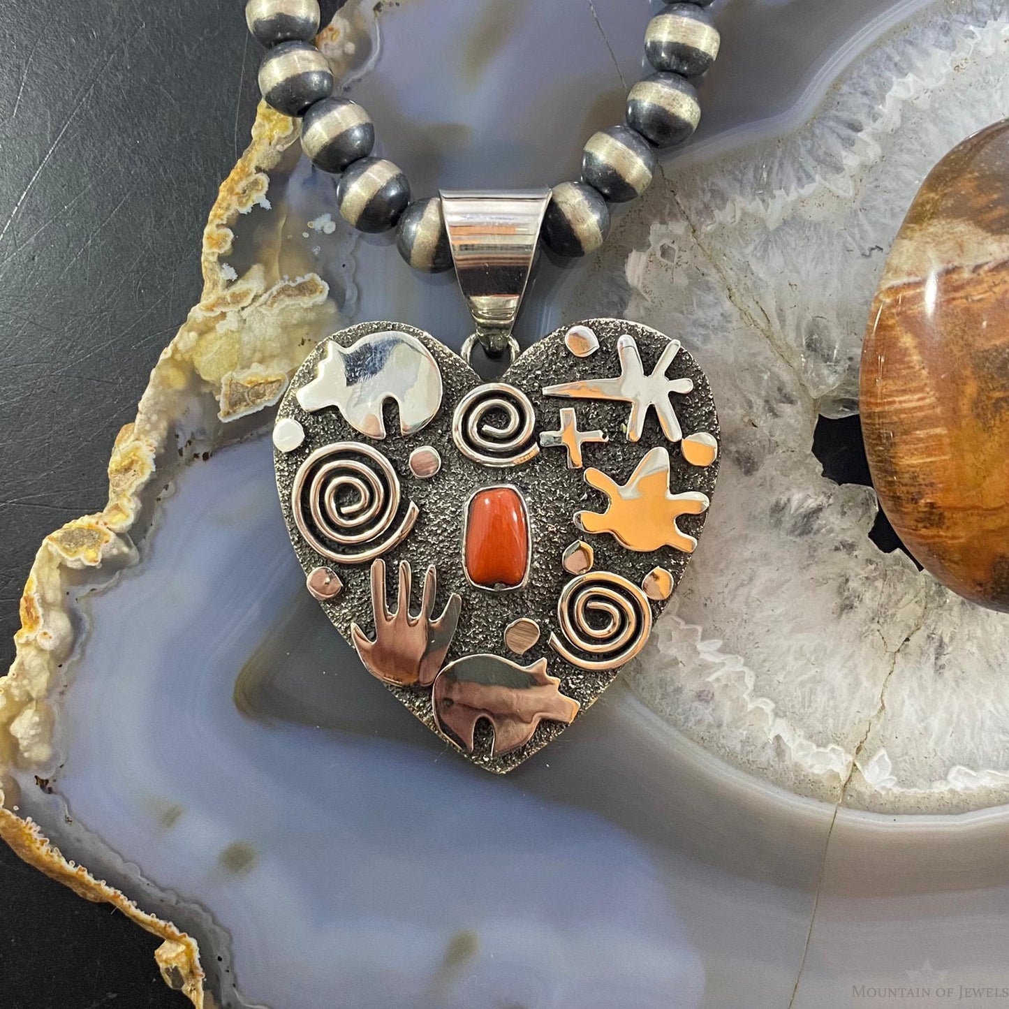 Alex Sanchez Sterling Silver Coral Large Petroglyph Heart Pendant For Women