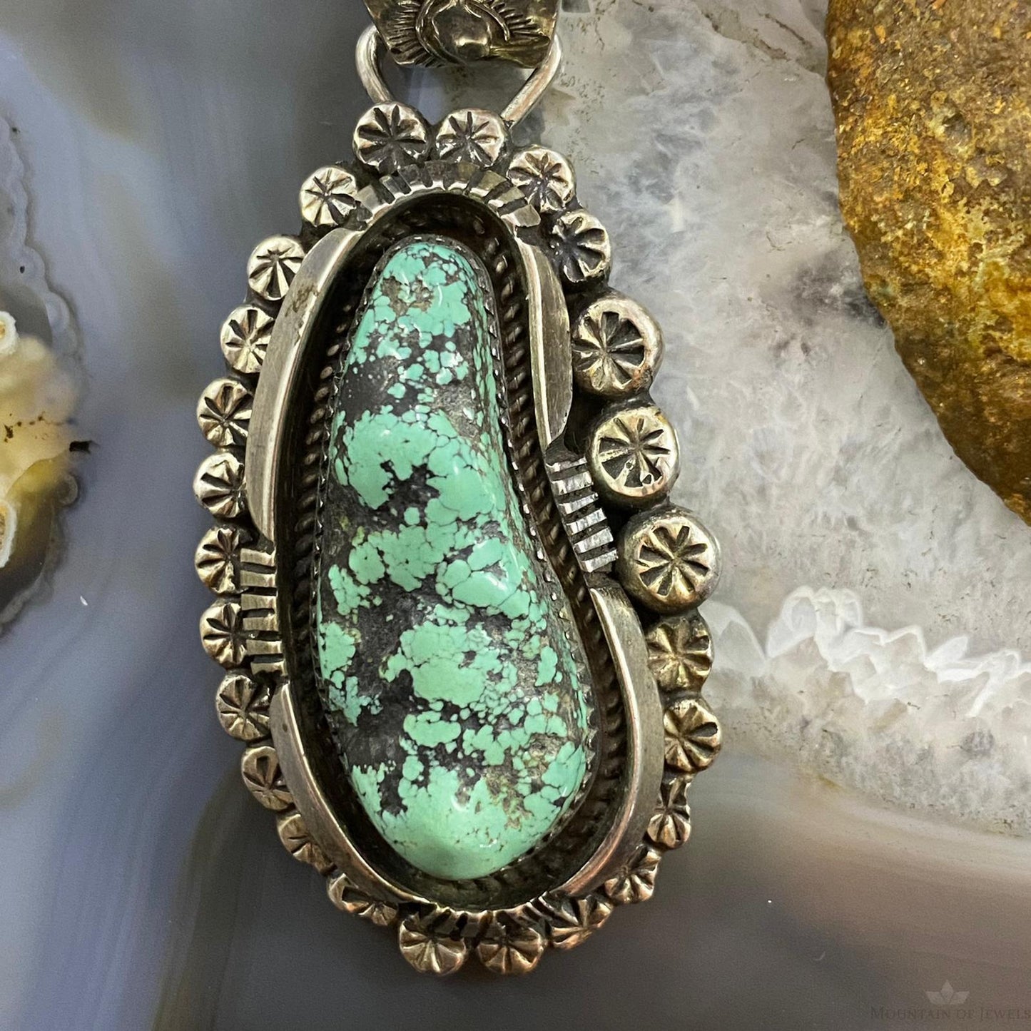 Native American Sterling Silver Green Kingman Turquoise Decorated Pendant