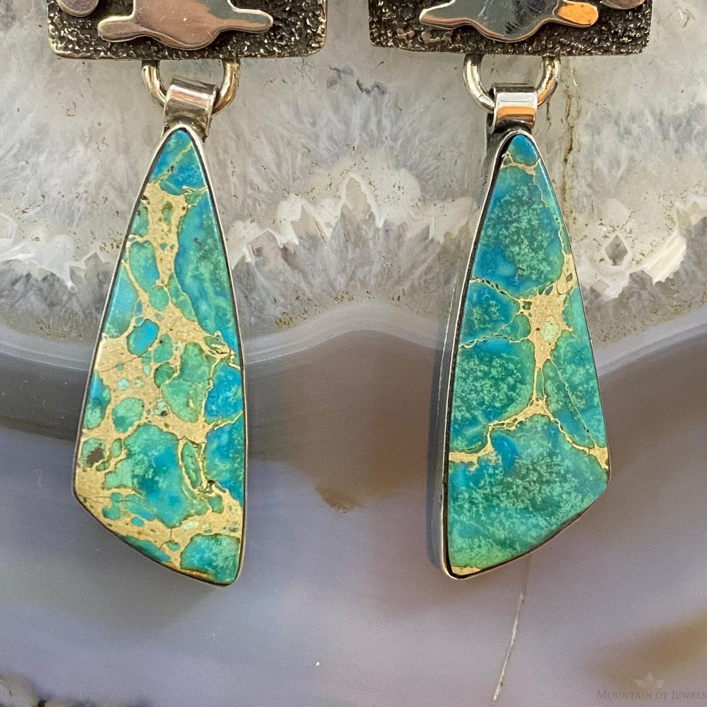 Alex Sanchez Native American Sterling Silver Blue Sediment Petroglyph Dangle Earrings For Women