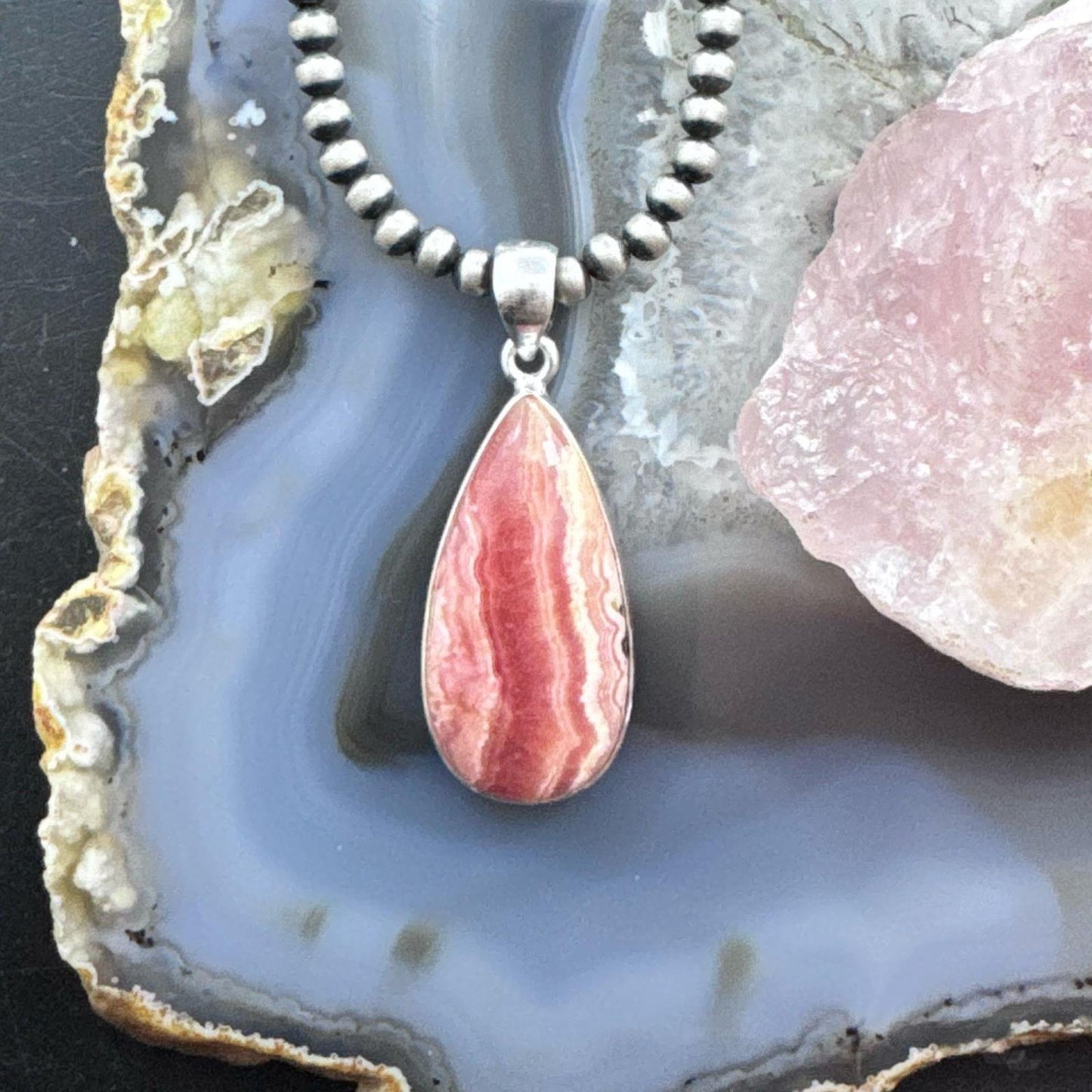 Sterling Silver Southwestern Style Teardrop Rhodochrosite Pendant For Women
