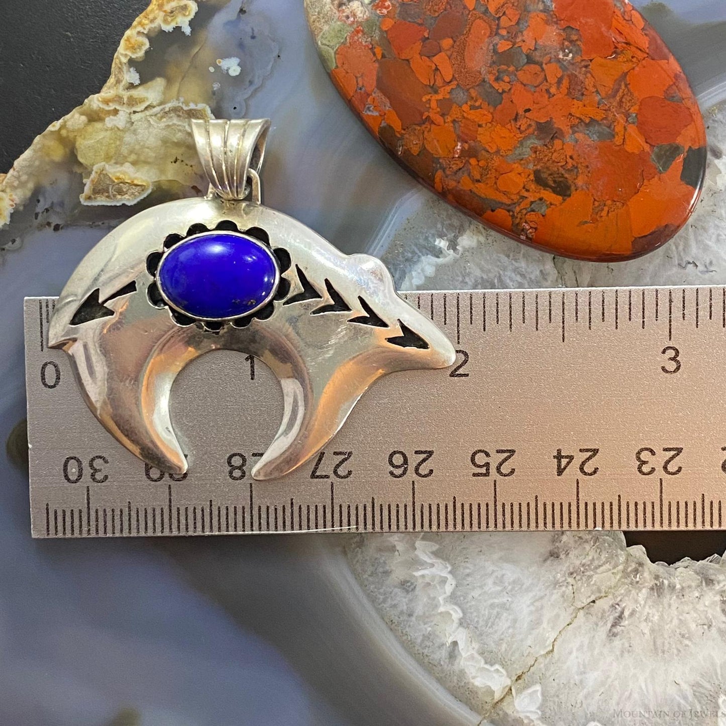 Native American Sterling Silver Fetish Bear with Oval Lapis Pendant For Women