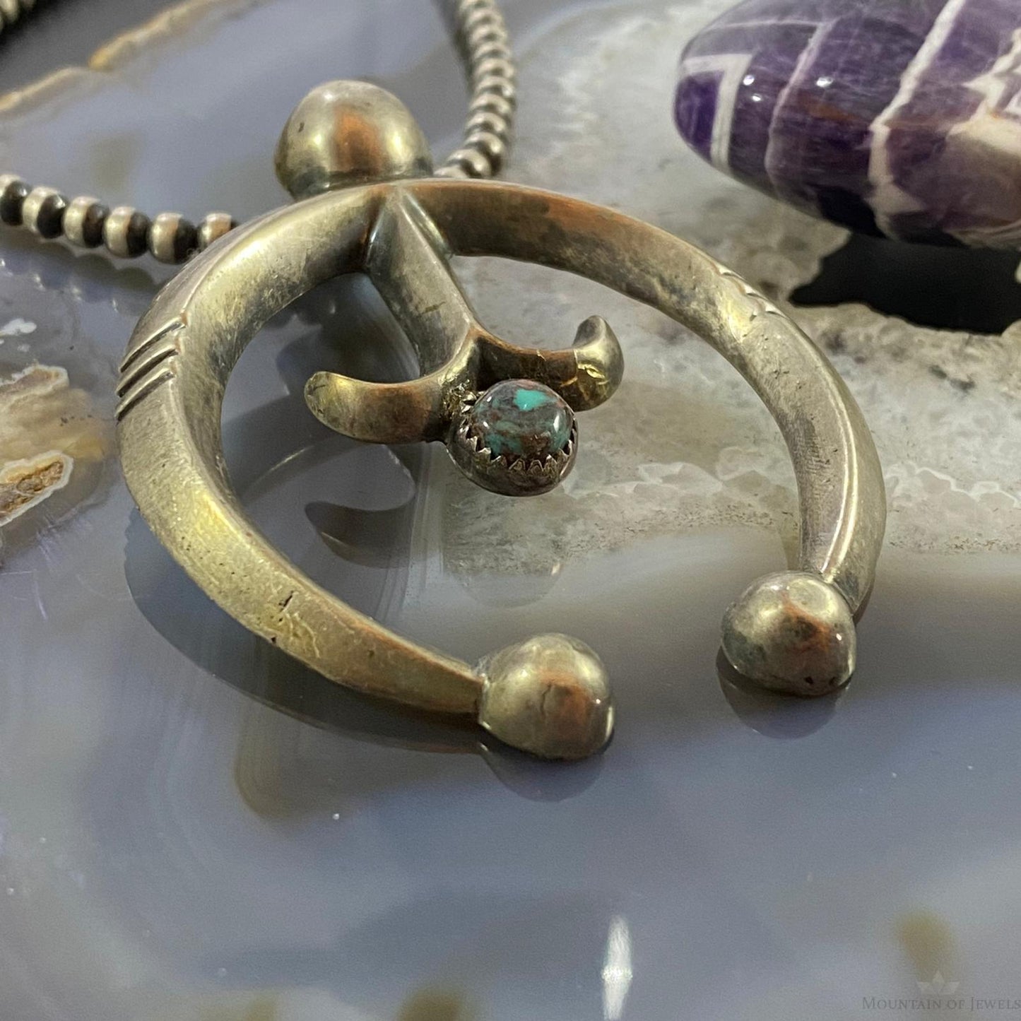 Vintage Signed Native American Sterling & Turquoise Sandcast Unisex Naja Pendant