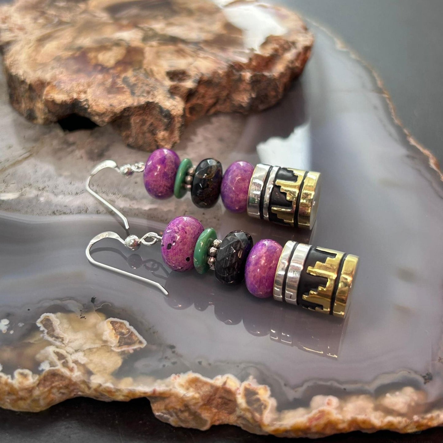 Tommy & Rosita Singer Sterling Silver Charoite & Onyx Bead Dangle Earrings For Women