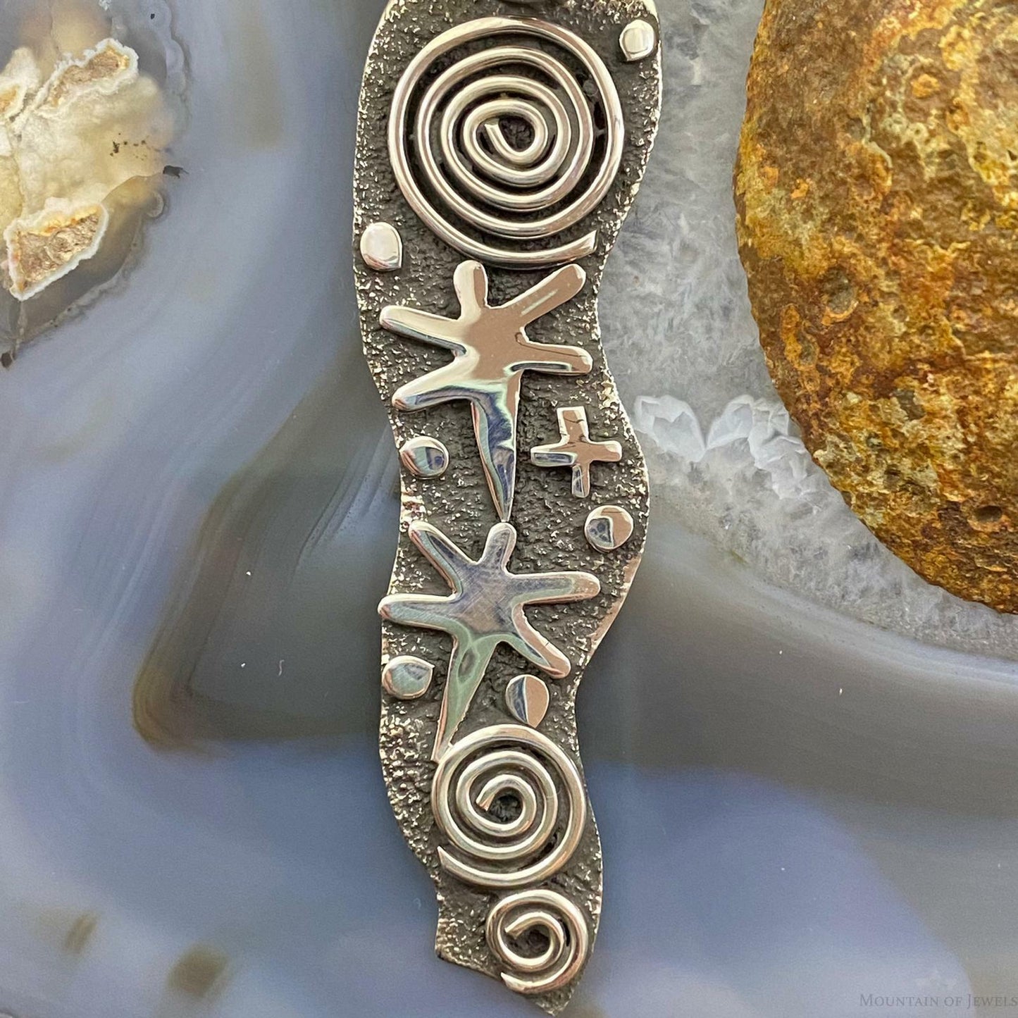 Alex Sanchez Sterling Silver Petroglyph & Turquoise Long Unisex Pendant