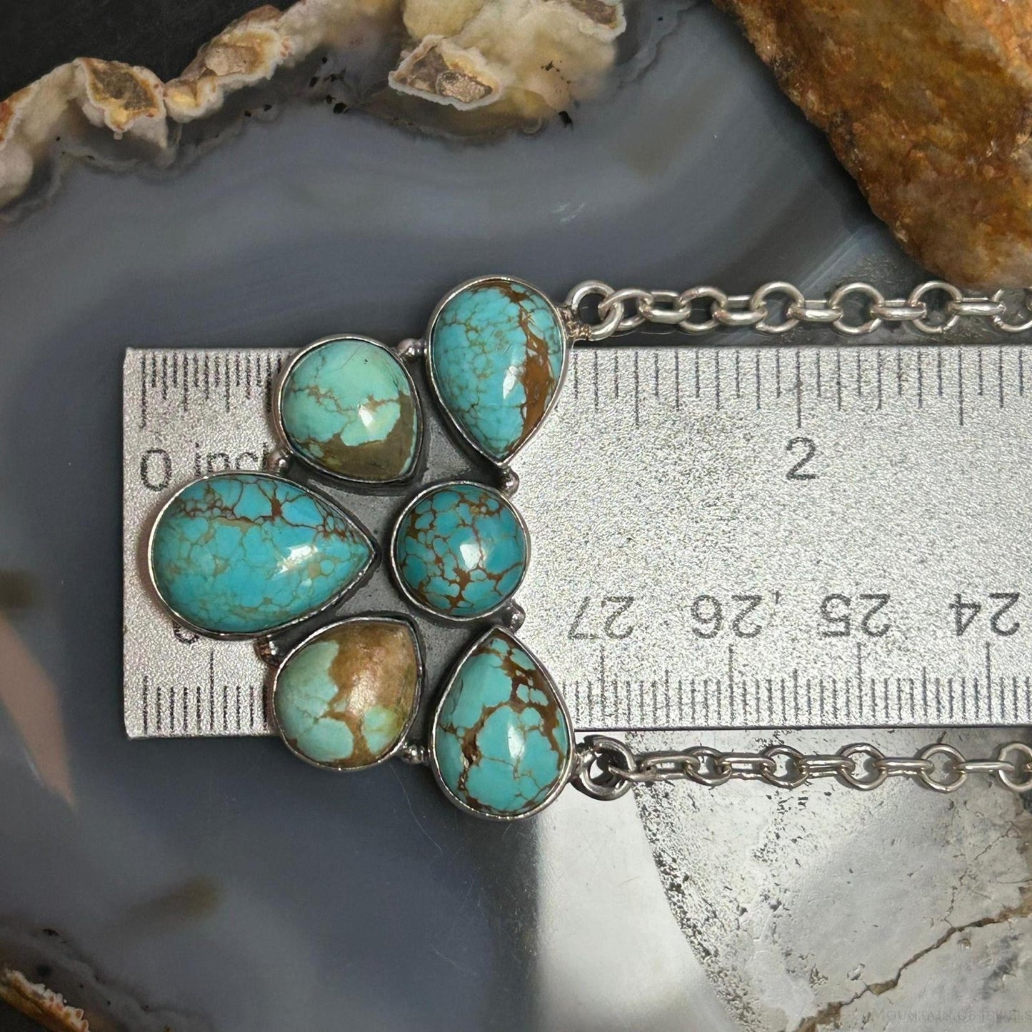Sterling Silver Southwestern Style Turquoise #8 Cluster 19" Lariat Necklace For Women