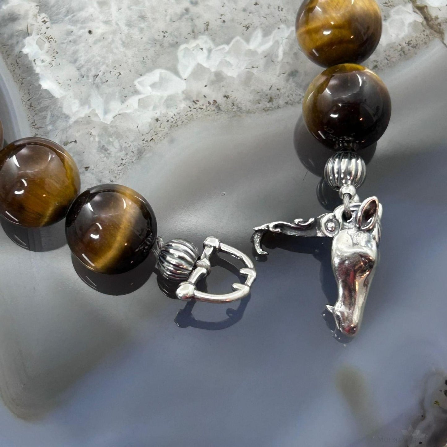 Carolyn Pollack Sterling Silver Tiger's Eye Beaded w/Horse Head Clasp Bracelet For Women