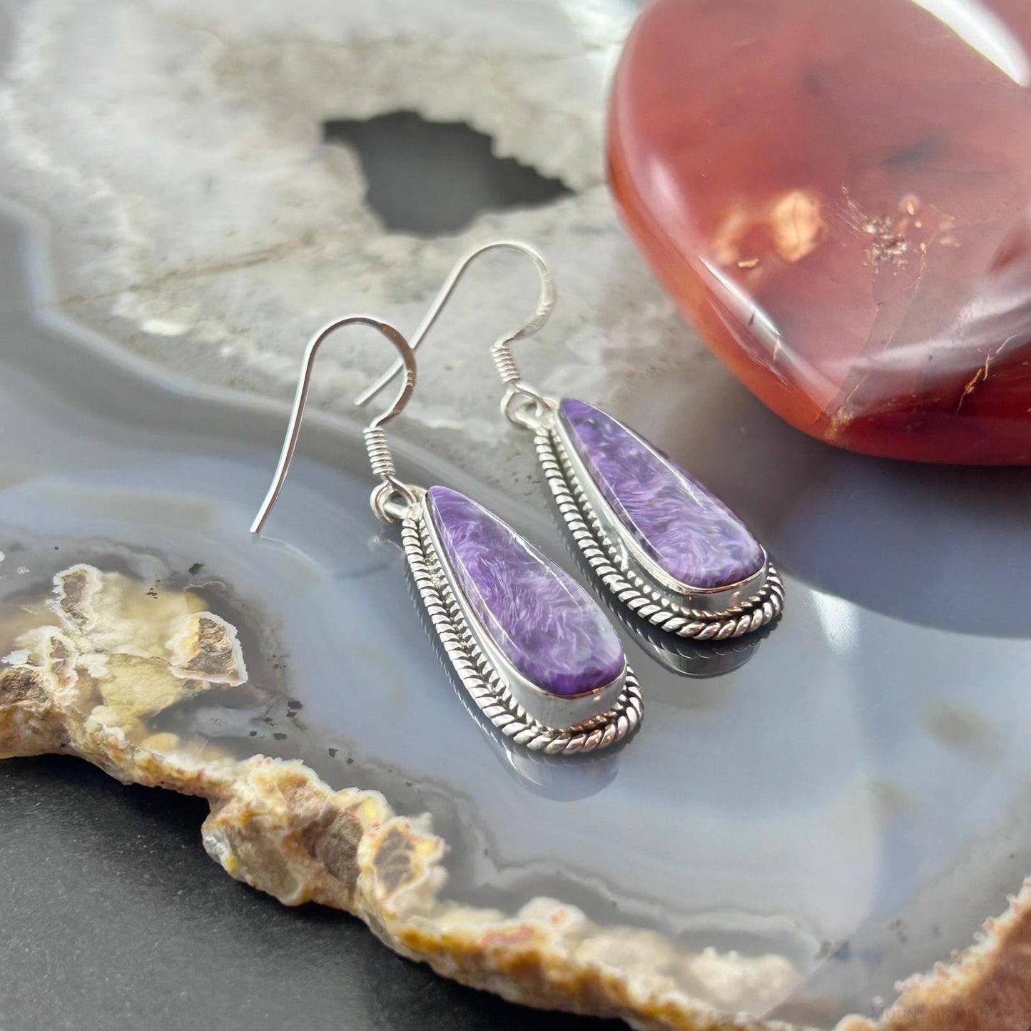 Sterling Silver Southwestern Style Teardrop Charoite Dangle Earrings For Women