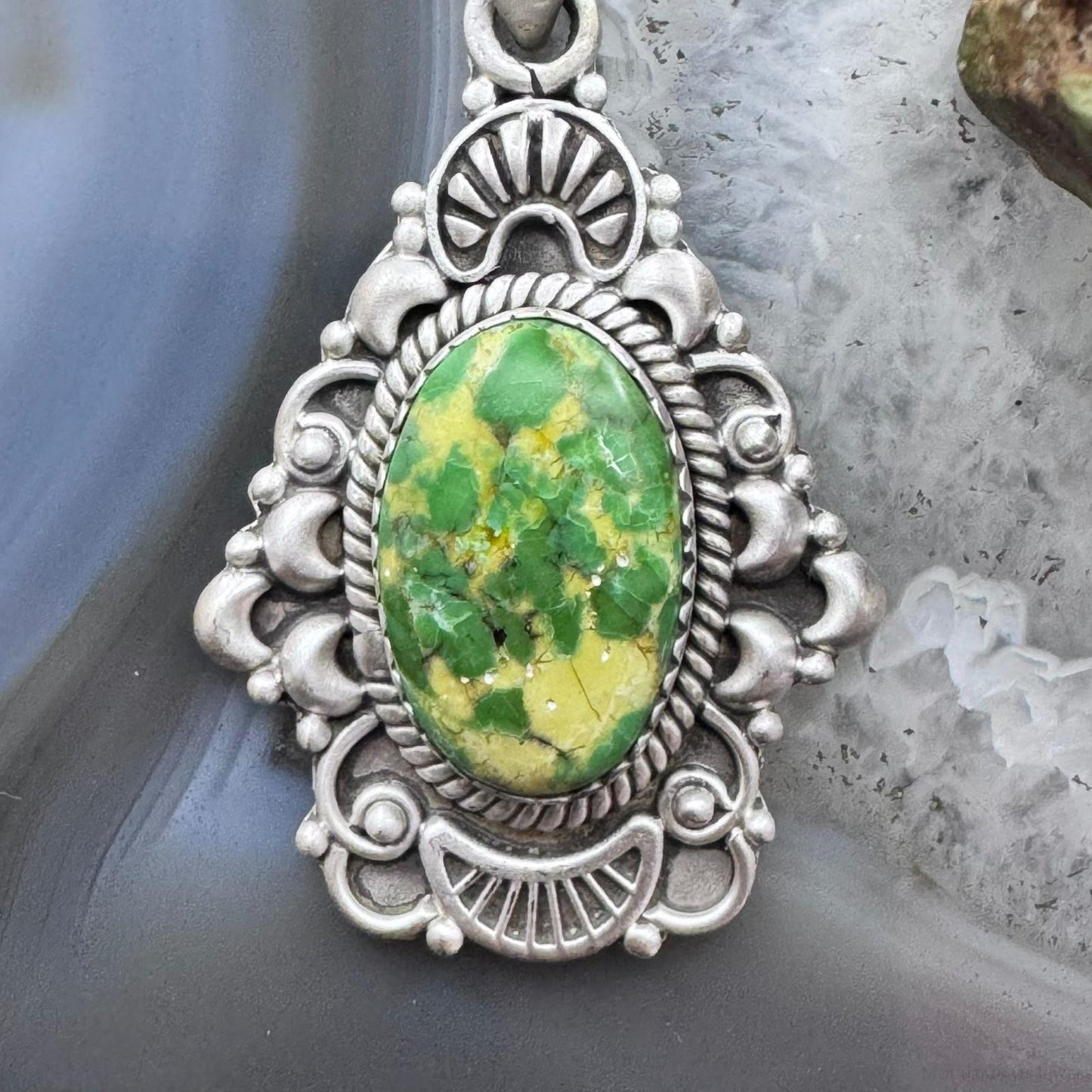 Sterling Silver Southwestern Style Oval Sonora Gold Turquoise Decorated Pendant For Women