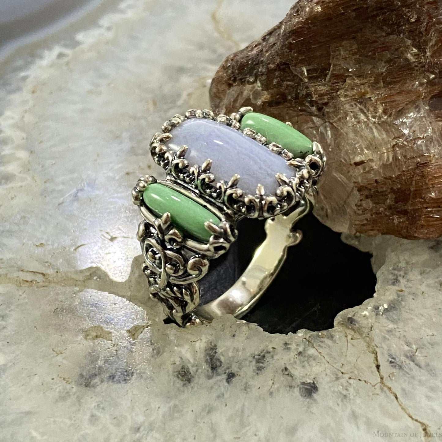Carolyn Pollack Southwestern Style Sterling Silver Blue Lace Agate & Green Variscite Ring For Women