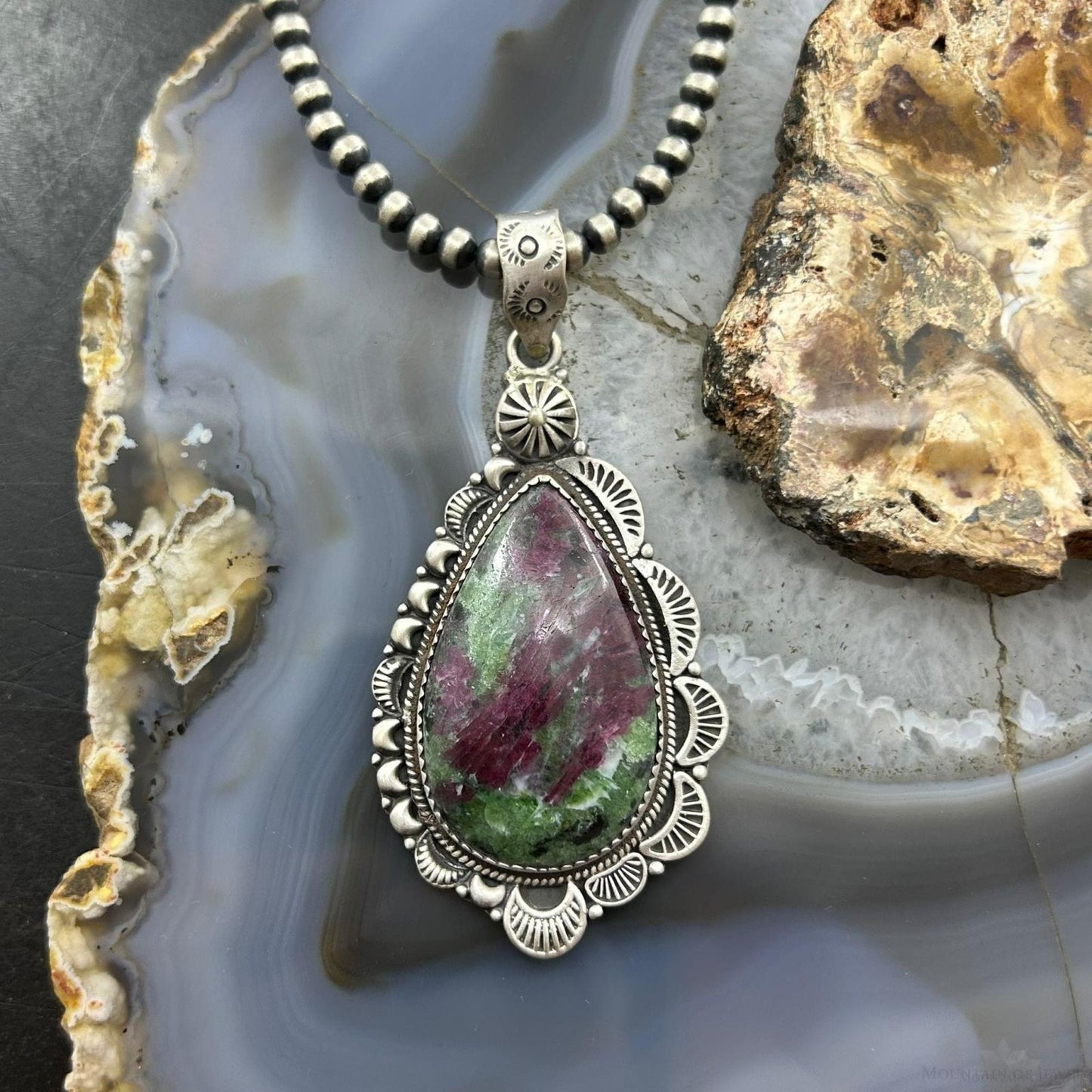 Sterling Silver Southwestern Style Teardrop Ruby Zoisite Decorated Pendant For Women