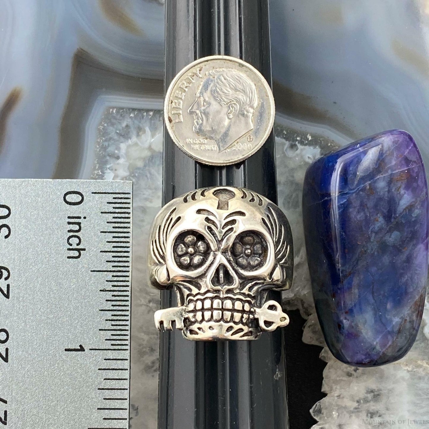 Sterling Silver Skull with Key Ring Size 10, 11 Men/Women 21 gr For Biker