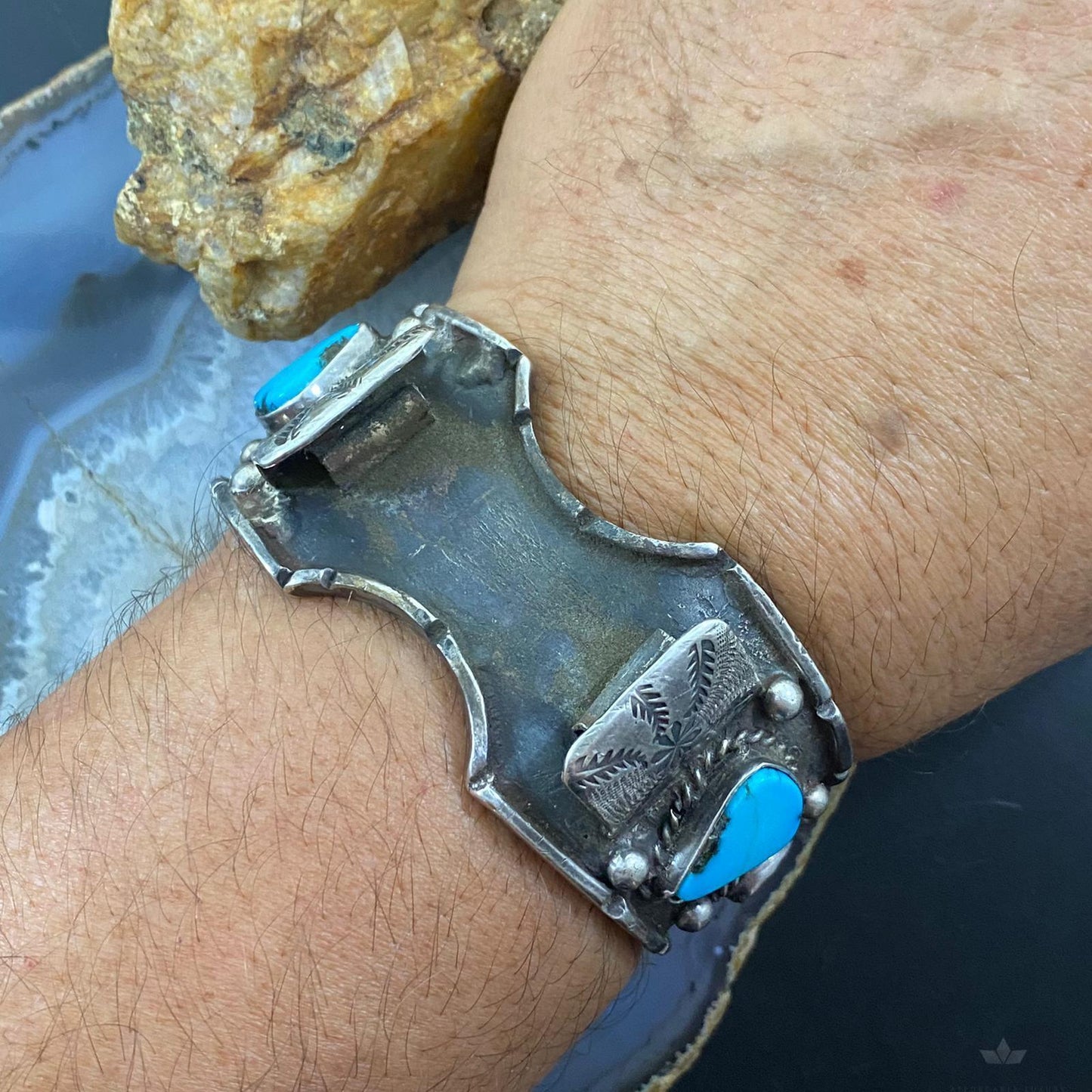 Vintage Native American Silver Turquoise & Coral Heavy Watch Bracelet For Men