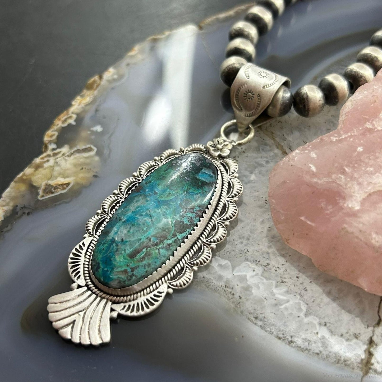 Sterling Silver Southwestern Style Oval Shattuckite Decorated Pendant For Women