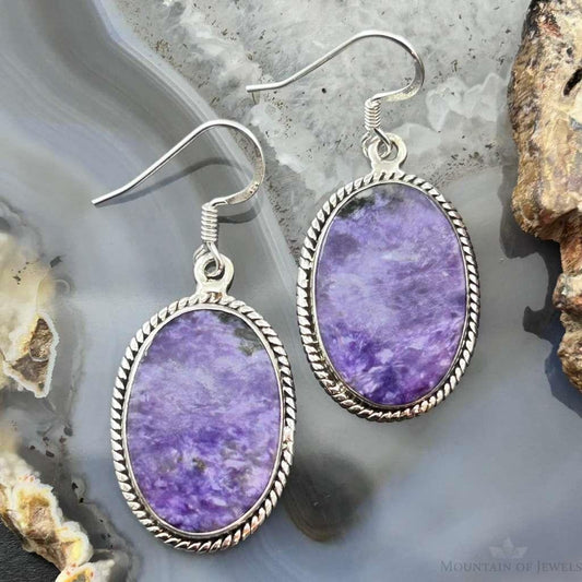 Sterling Silver Southwestern Style Oval Charoite Dangle Earrings For Women
