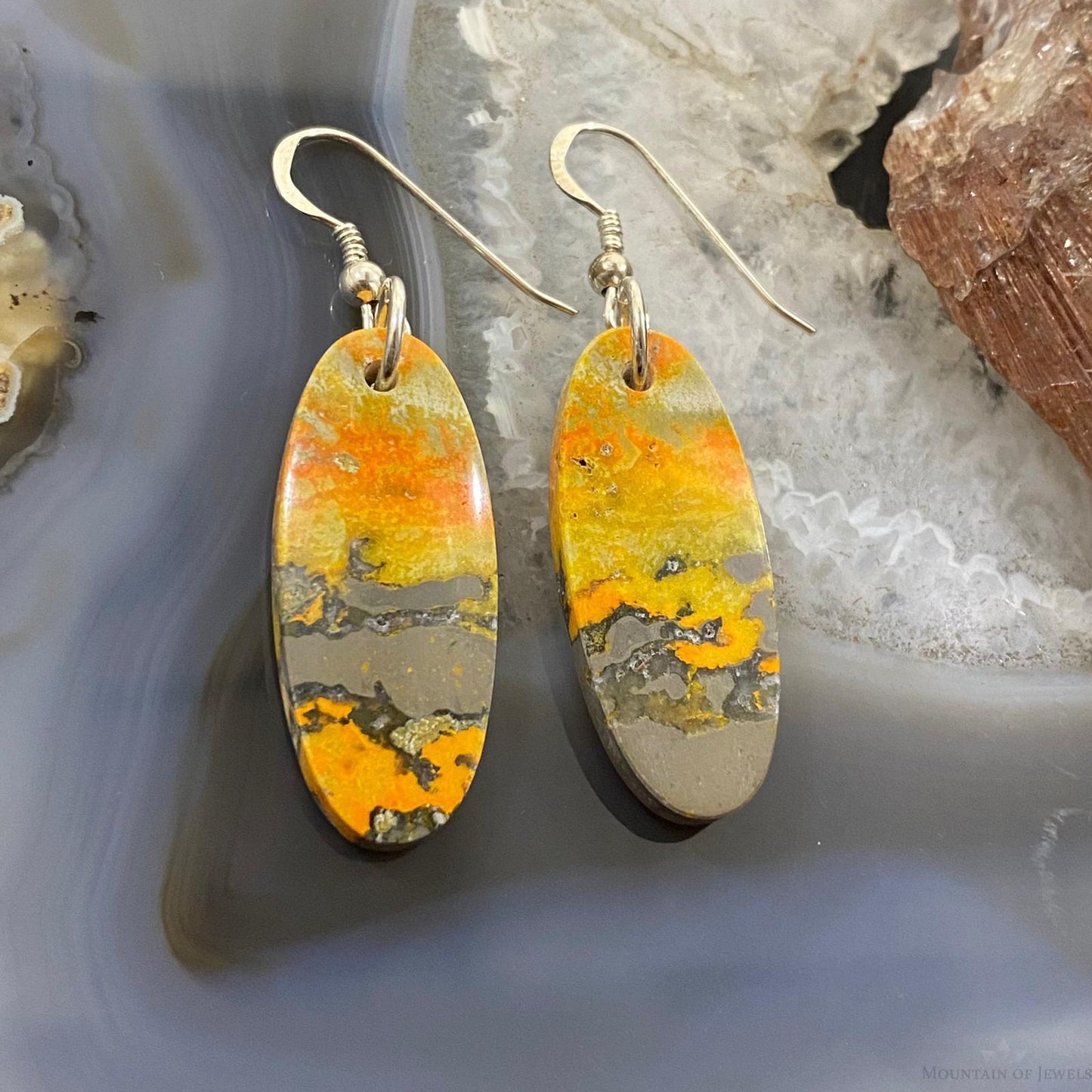 Sterling Silver Oval Bumblebee Jasper Slab Dangle Earrings For Women #005