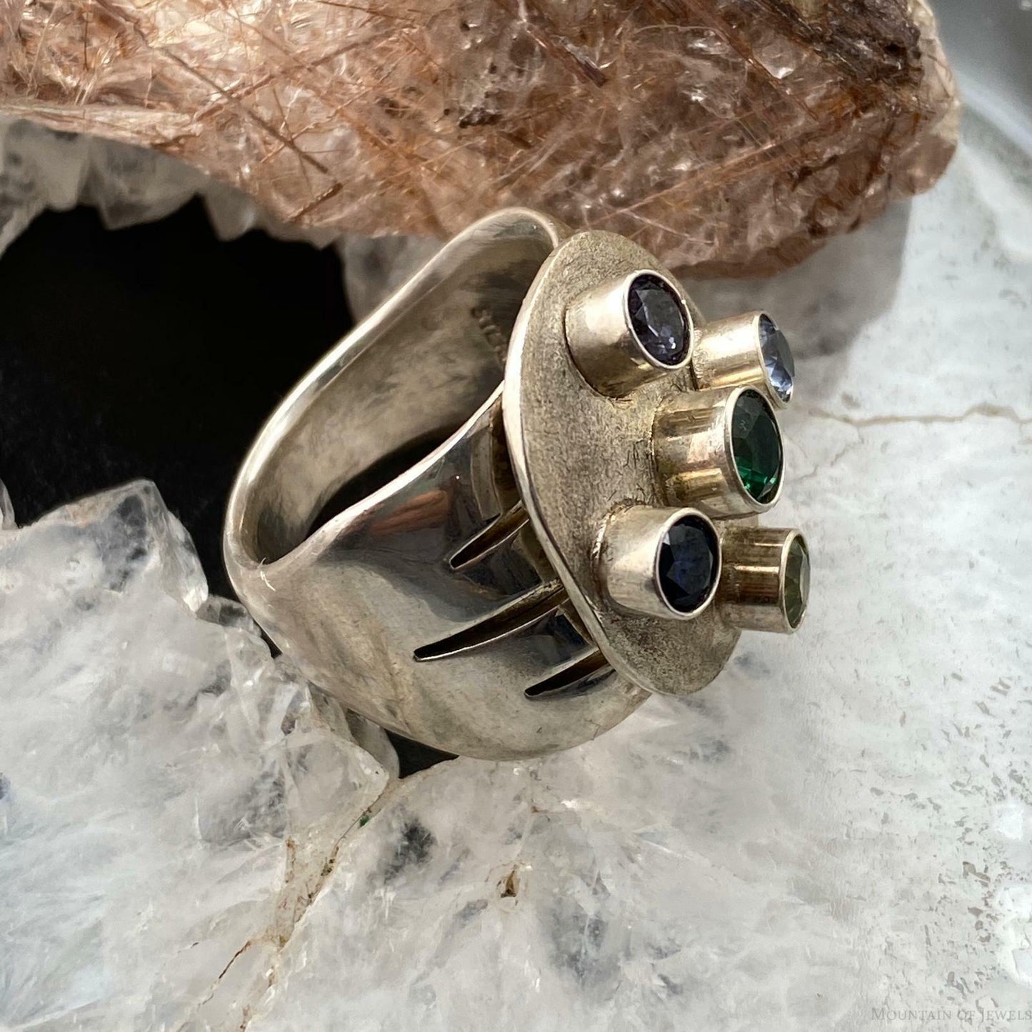 Sterling Silver Ring Size 7.5 with 5 Different Gems Wide Band Ring
