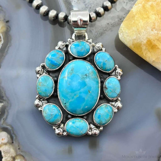 Sterling Silver Southwestern Style Mohave Turquoise Cluster Pendant For Women