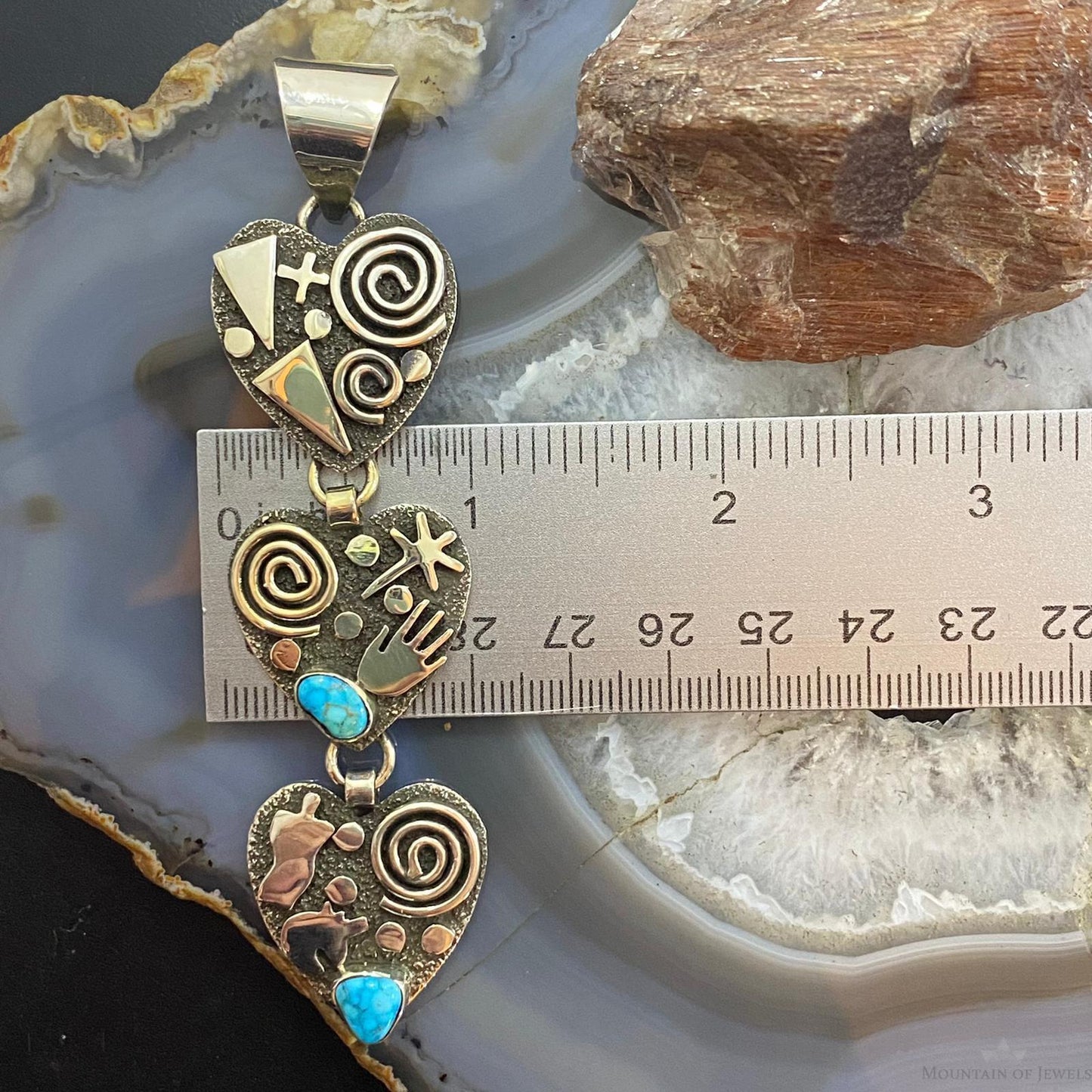 Alex Sanchez Native American Sterling Silver Triple Petroglyph Heart w/Turquoise Pendant For Women #5