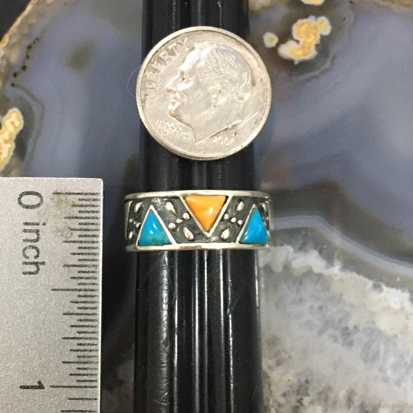 Carolyn Pollack Southwestern Style Sterling Silver Turquoise & Spiny Oyster Band Ring For Women
