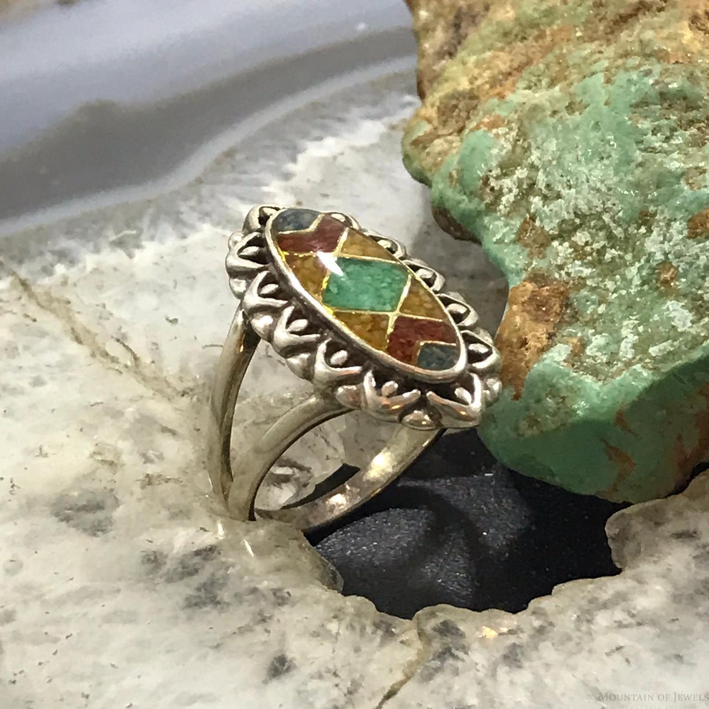 Carolyn Pollack Sterling Silver Elongated Oval Multistone Chip Inlay Ring Size 6 For Women