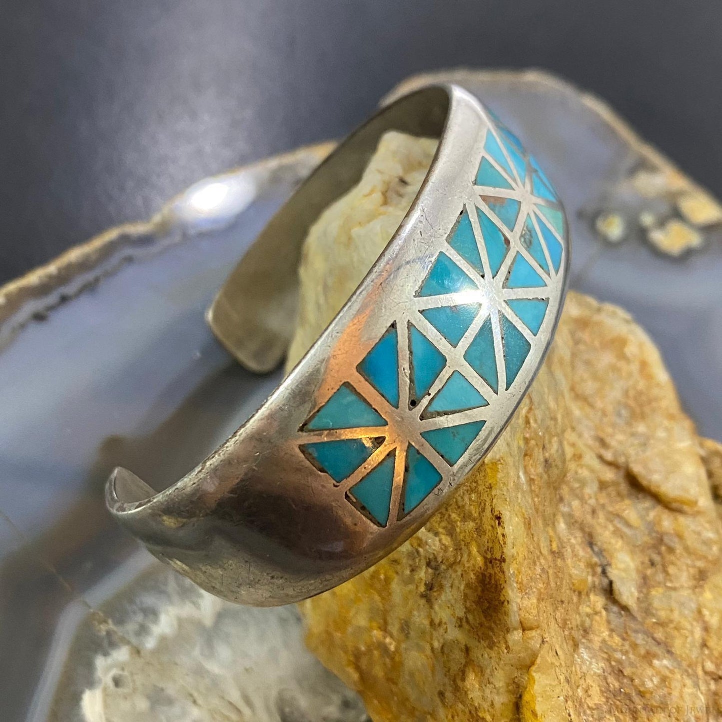 Vintage Native American Silver Geometric Turquoise Inlay Bracelet For Women